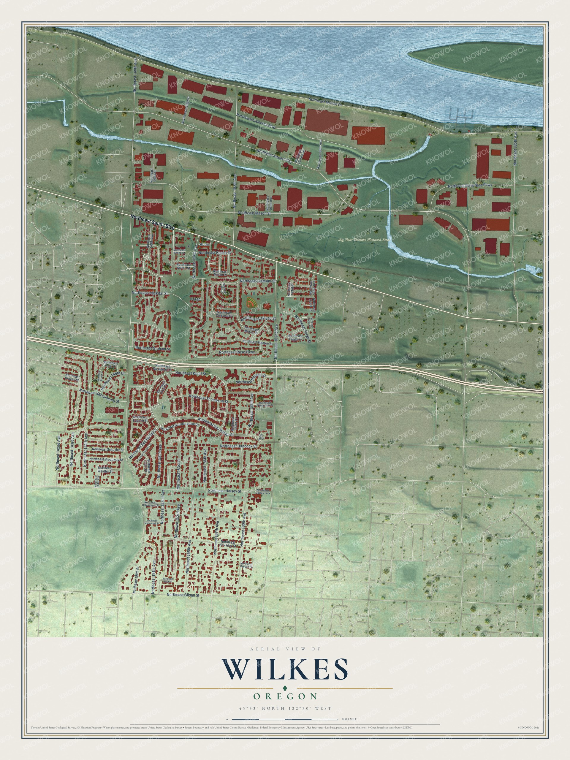 Full map of Wilkes, Oregon, with red buildings, printed street names and the land around them