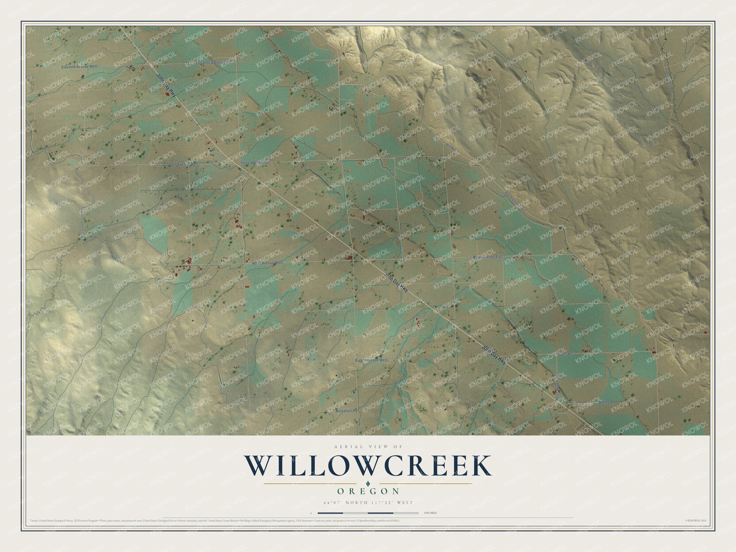 Full map of Willowcreek, Oregon, with red buildings, printed street names and the land around them