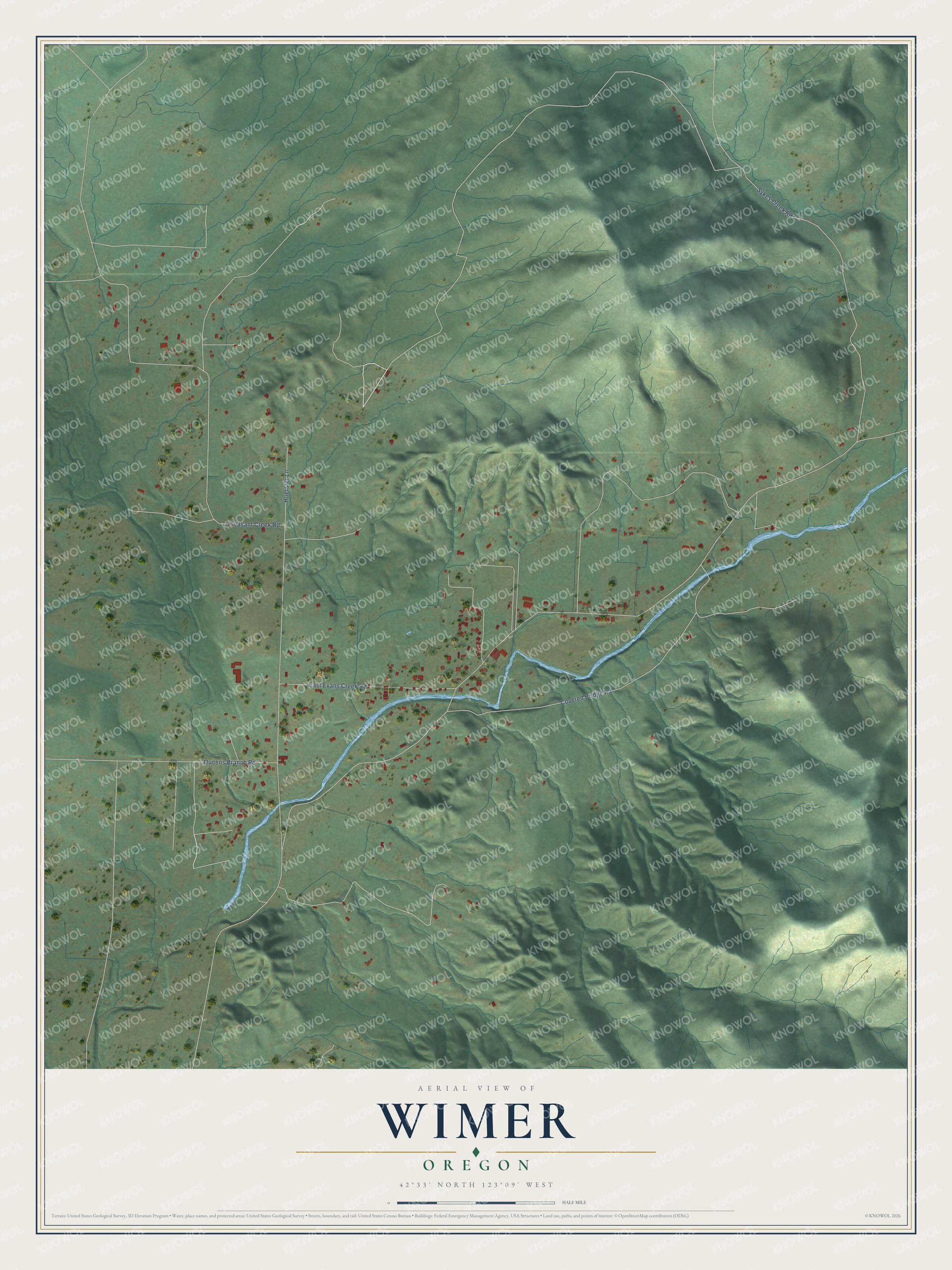 Full map of Wimer, Oregon, with red buildings, printed street names and the land around them