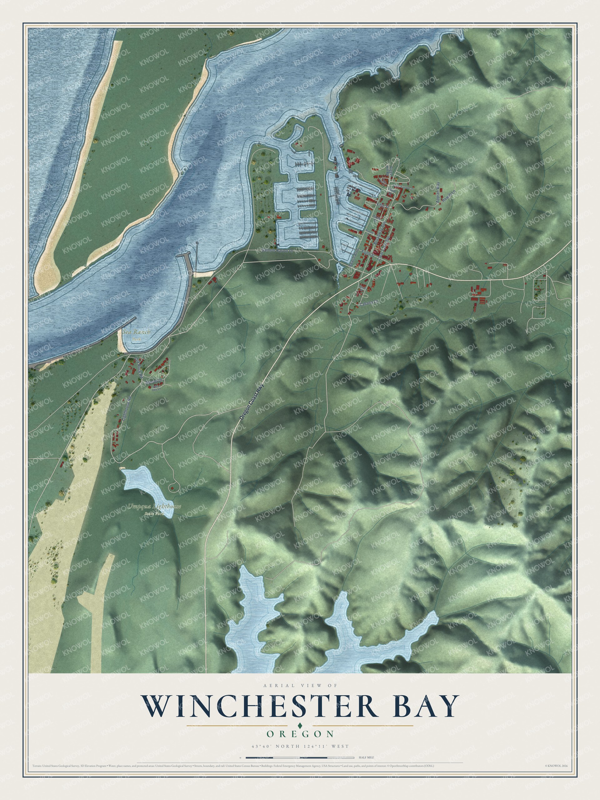 Full map of Winchester Bay, Oregon, with red buildings, printed street names and the land around them