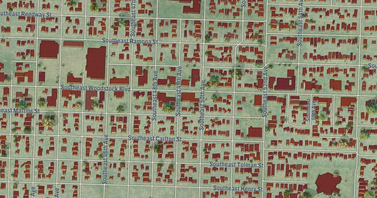Close-up of streets and buildings in Woodstock, Oregon