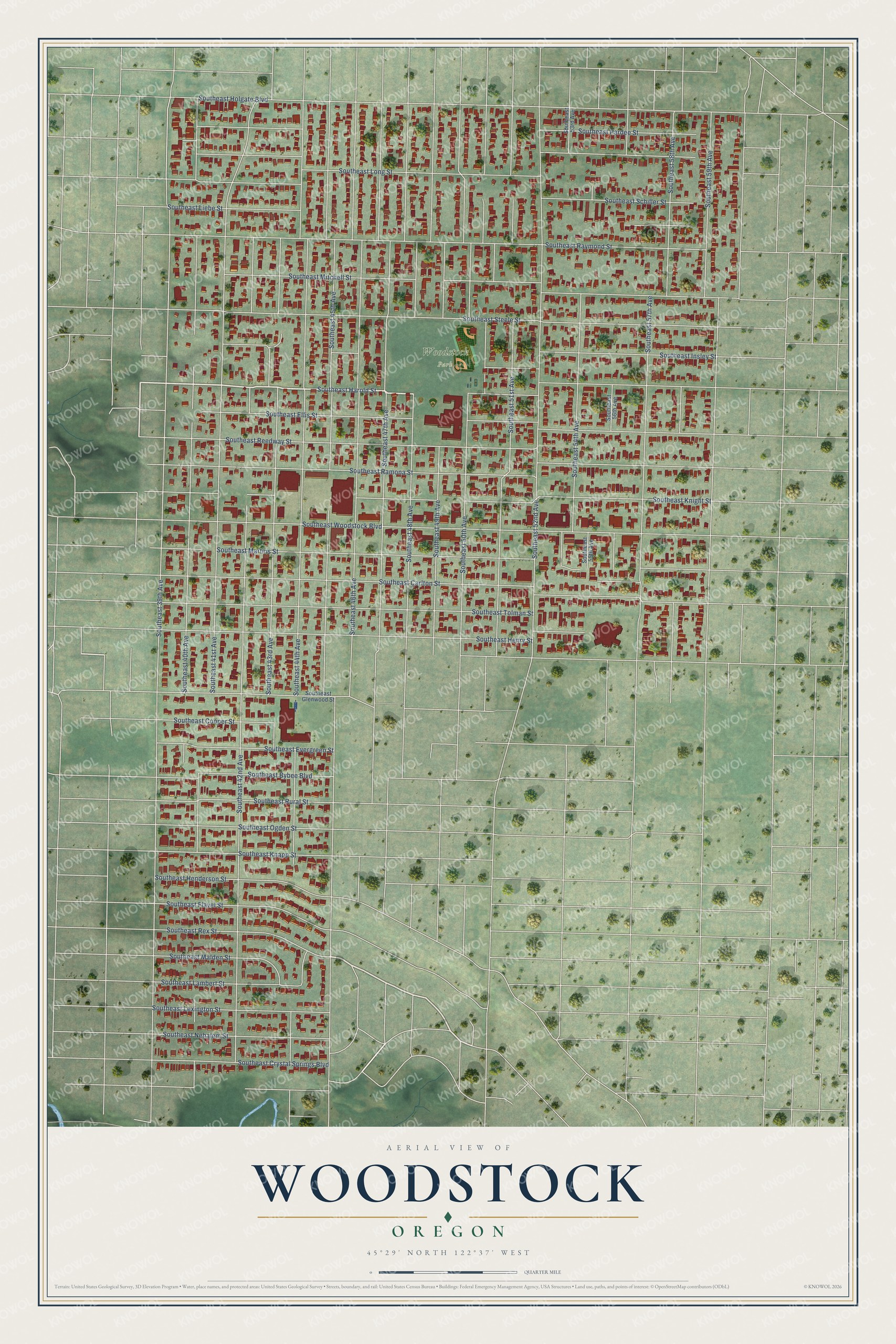 Full map of Woodstock, Oregon, with red buildings, printed street names and the land around them