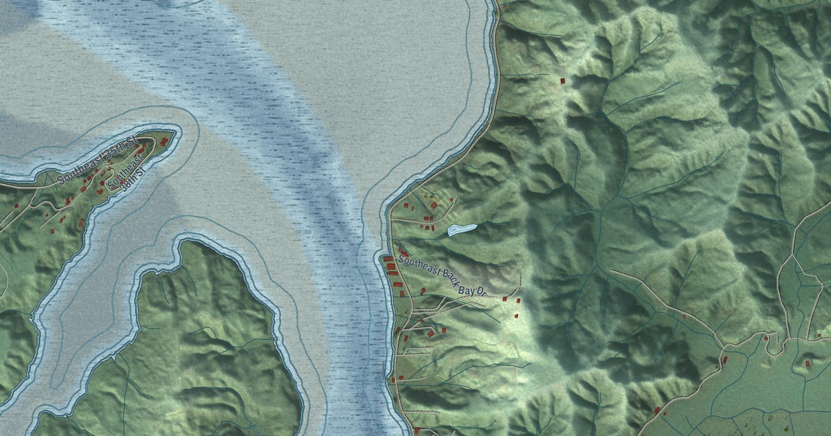 Close-up of streets and buildings in Yaquina, Oregon