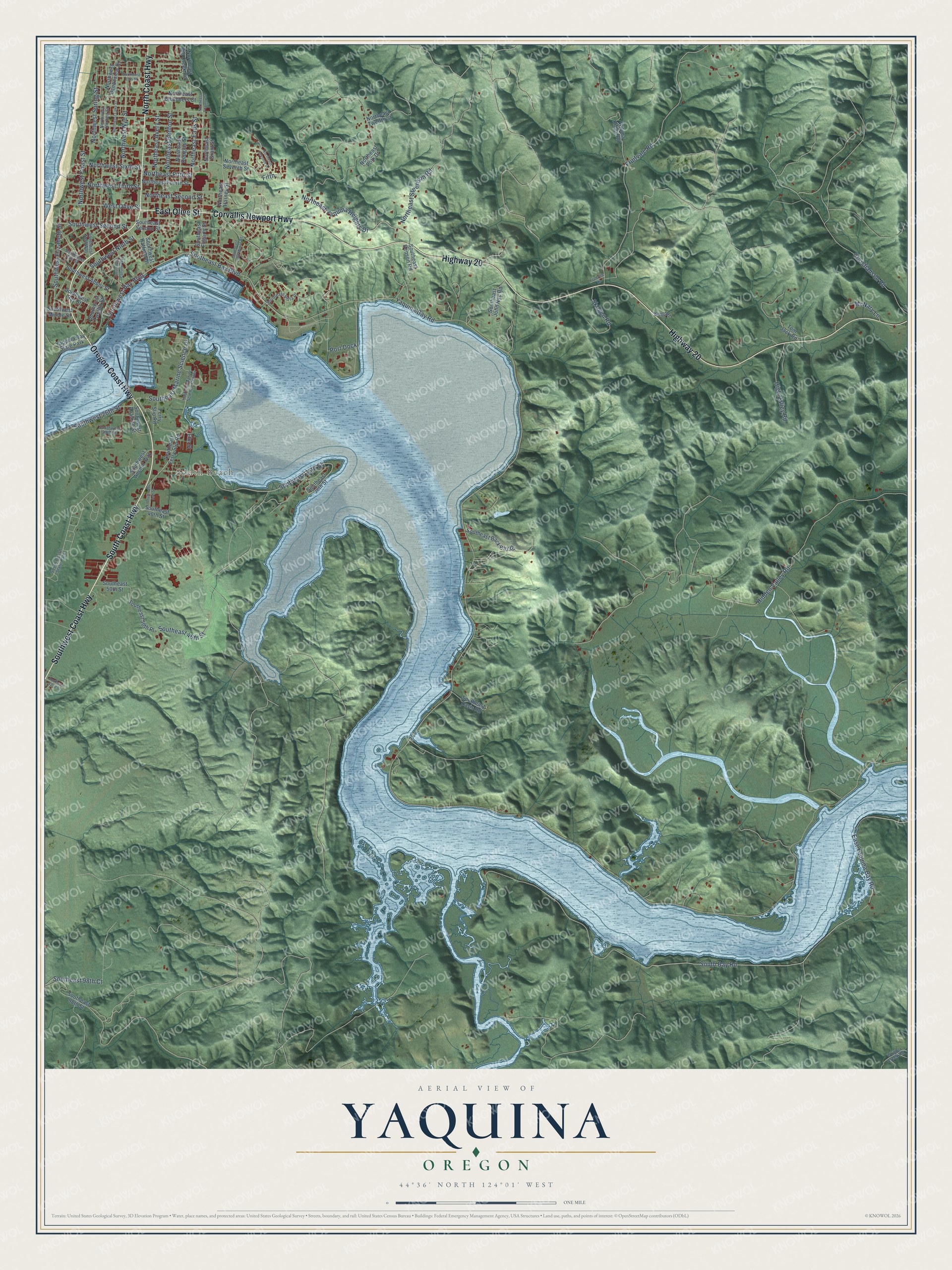 Full map of Yaquina, Oregon, with red buildings, printed street names and the land around them