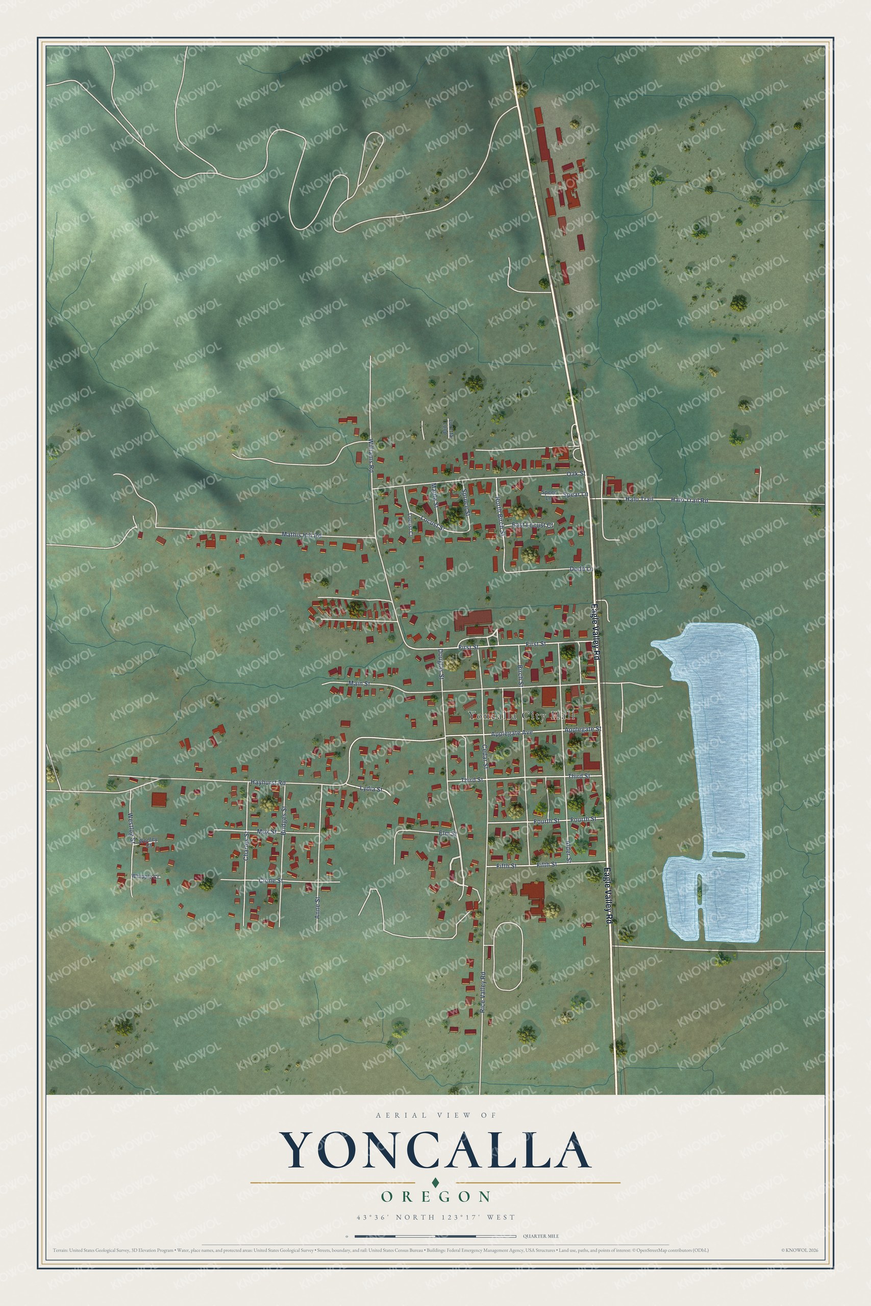 Full map of Yoncalla, Oregon, with red buildings, printed street names and the land around them