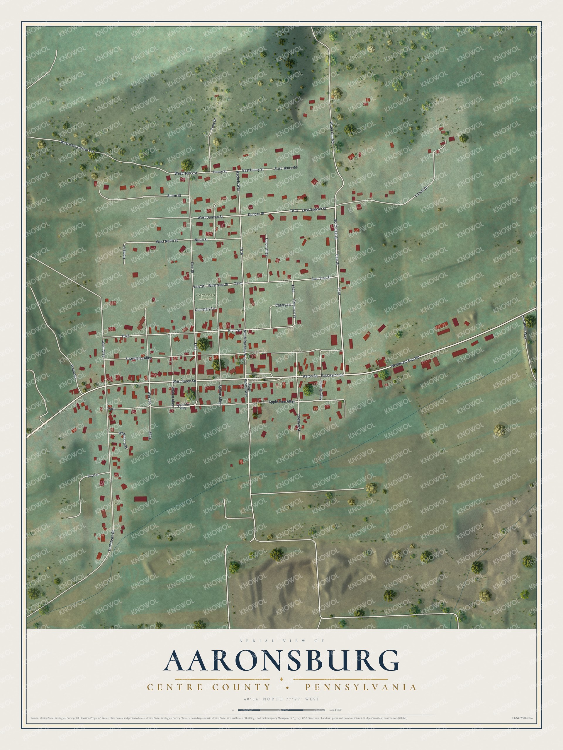 Full map of Aaronsburg, Pennsylvania, with red buildings, printed street names and the land around them