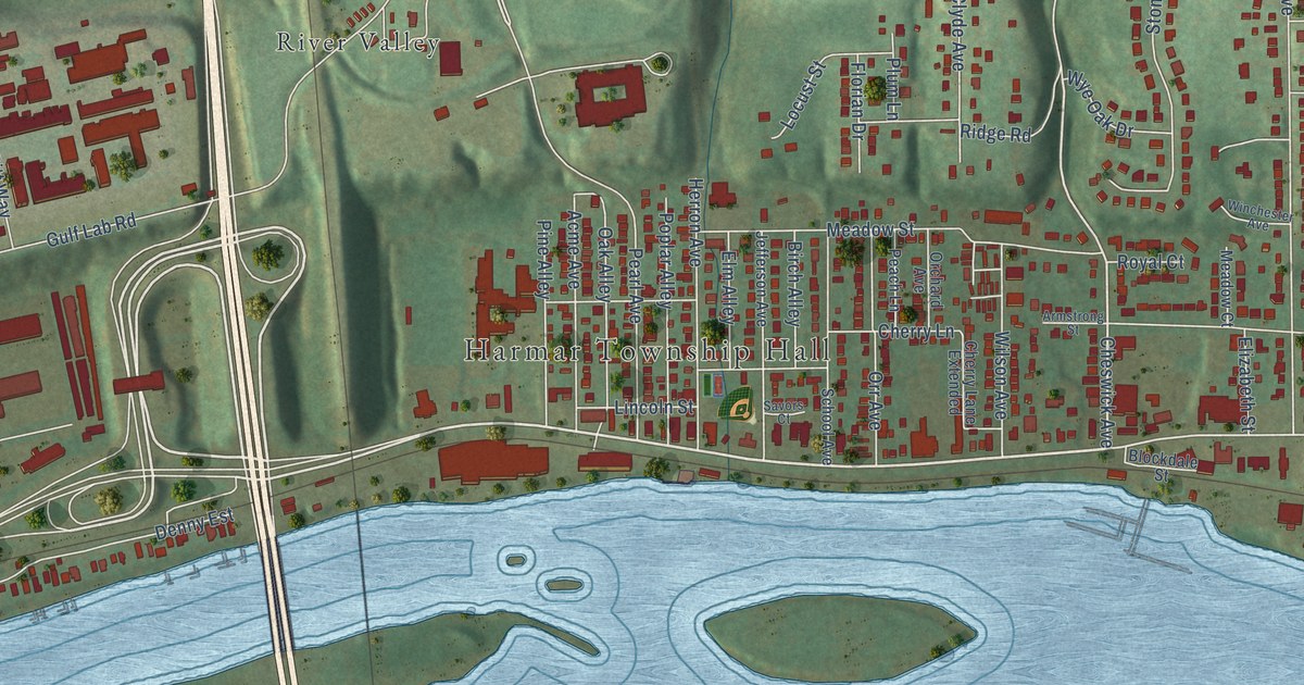 Close-up of streets and buildings in Acmetonia, Pennsylvania
