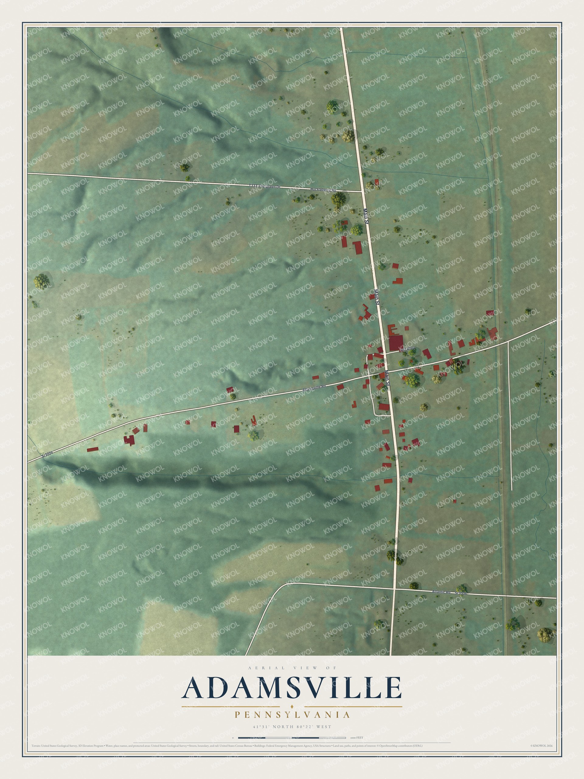 Full map of Adamsville, Pennsylvania, with red buildings, printed street names and the land around them