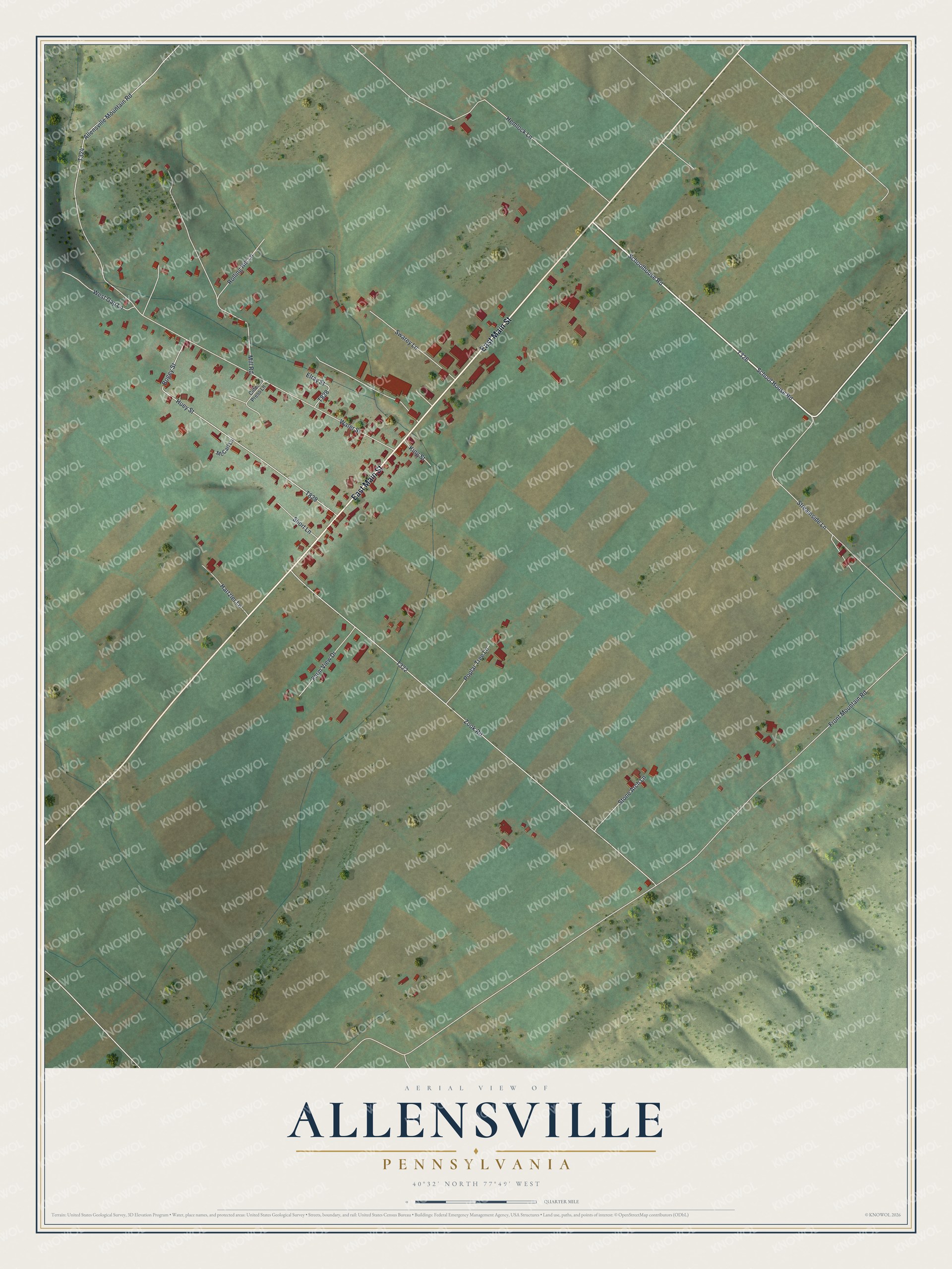 Full map of Allensville, Pennsylvania, with red buildings, printed street names and the land around them