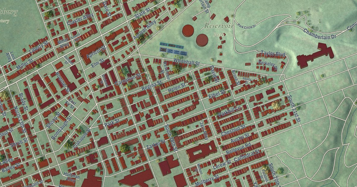 Close-up of streets and buildings in Allison Hill, Pennsylvania