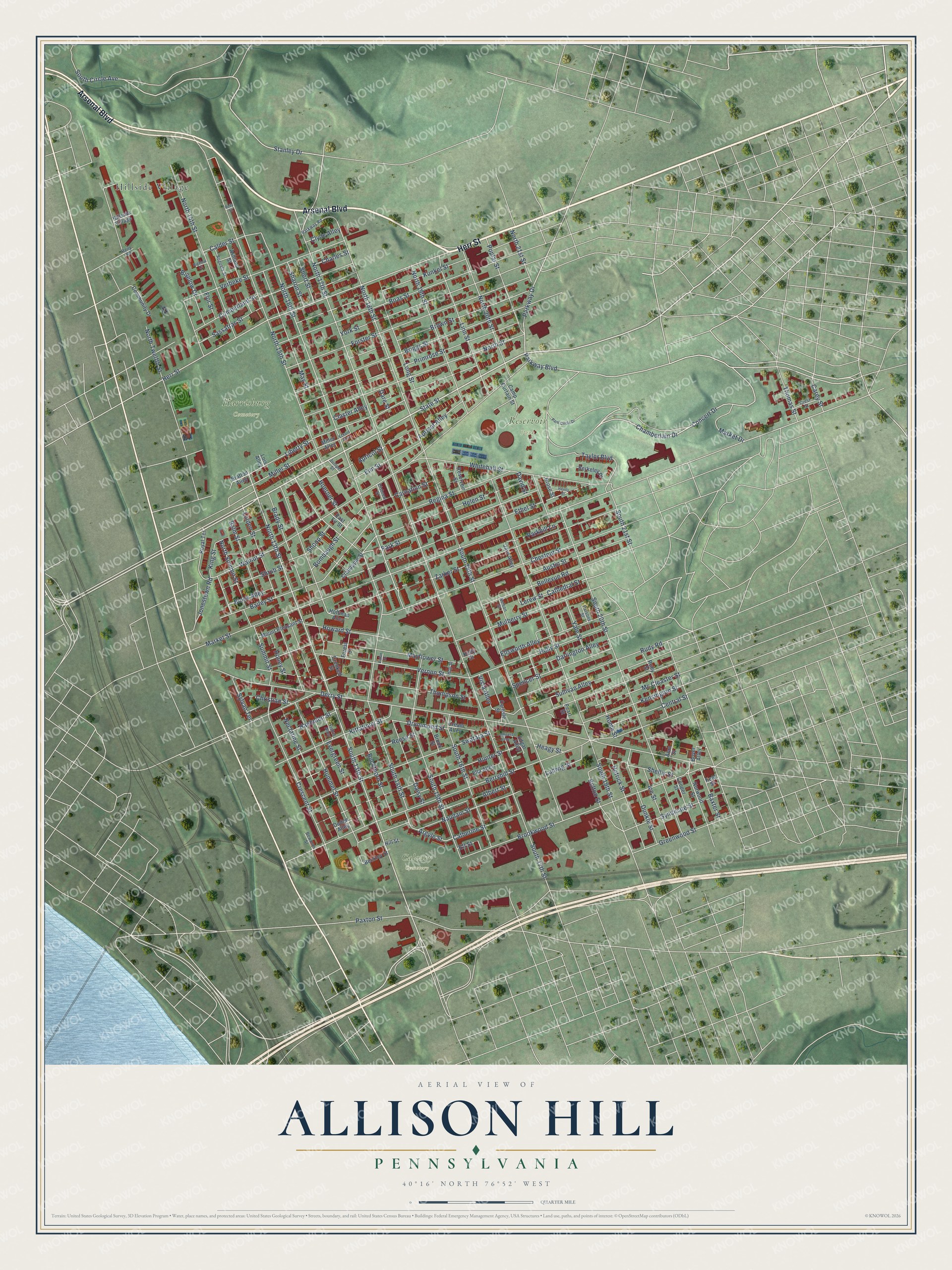 Full map of Allison Hill, Pennsylvania, with red buildings, printed street names and the land around them