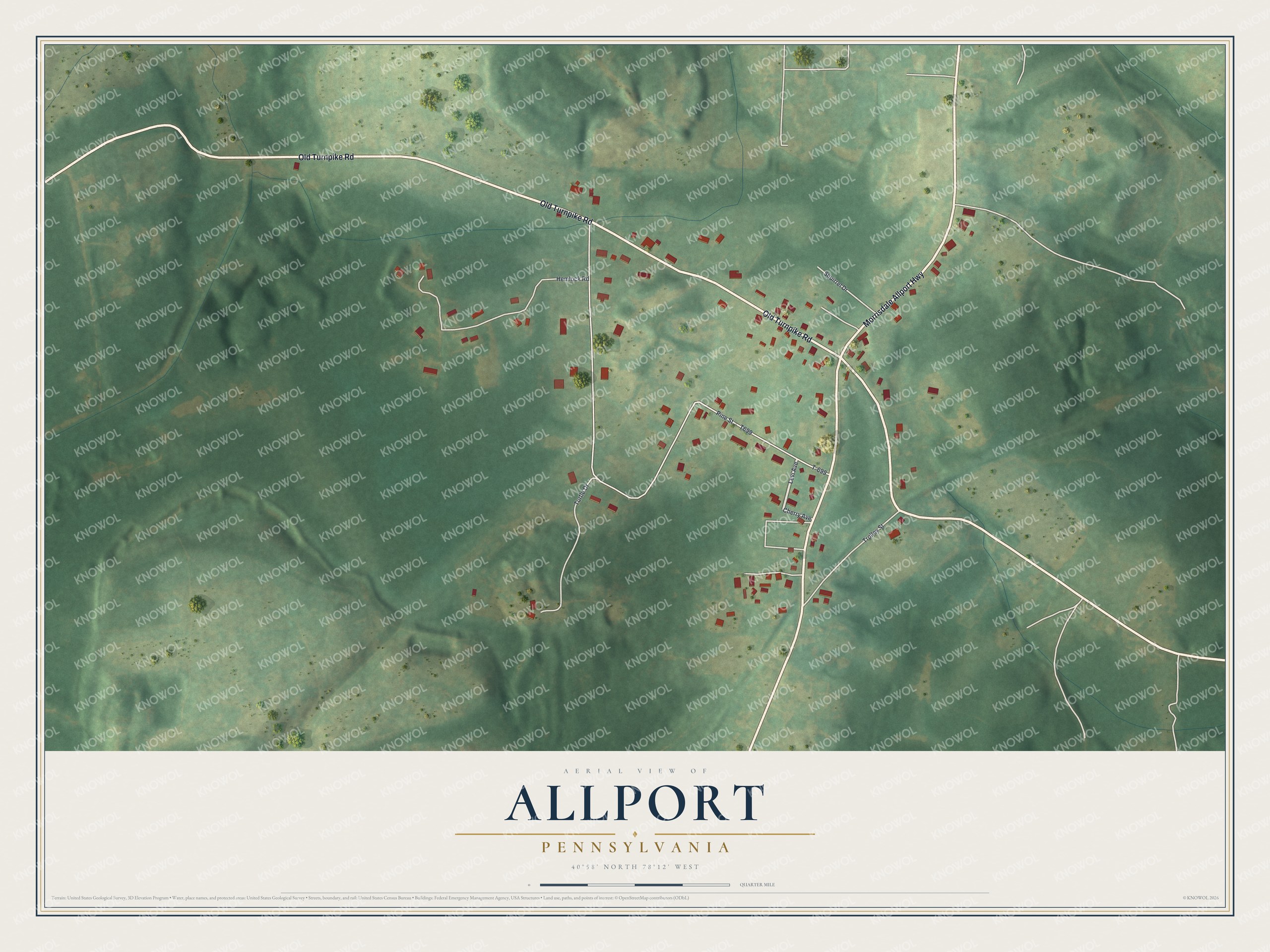 Full map of Allport, Pennsylvania, with red buildings, printed street names and the land around them