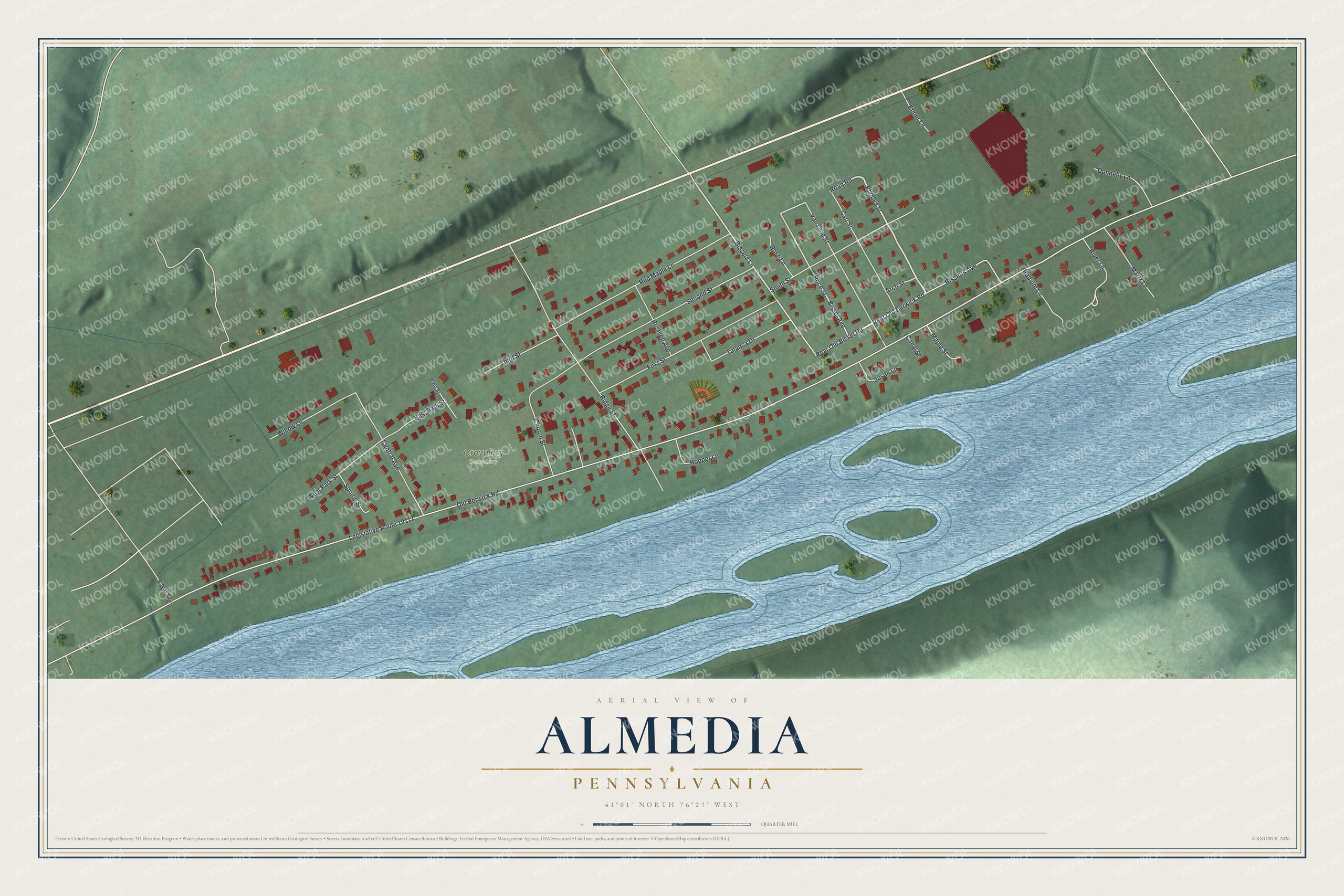 Full map of Almedia, Pennsylvania, with red buildings, printed street names and the land around them