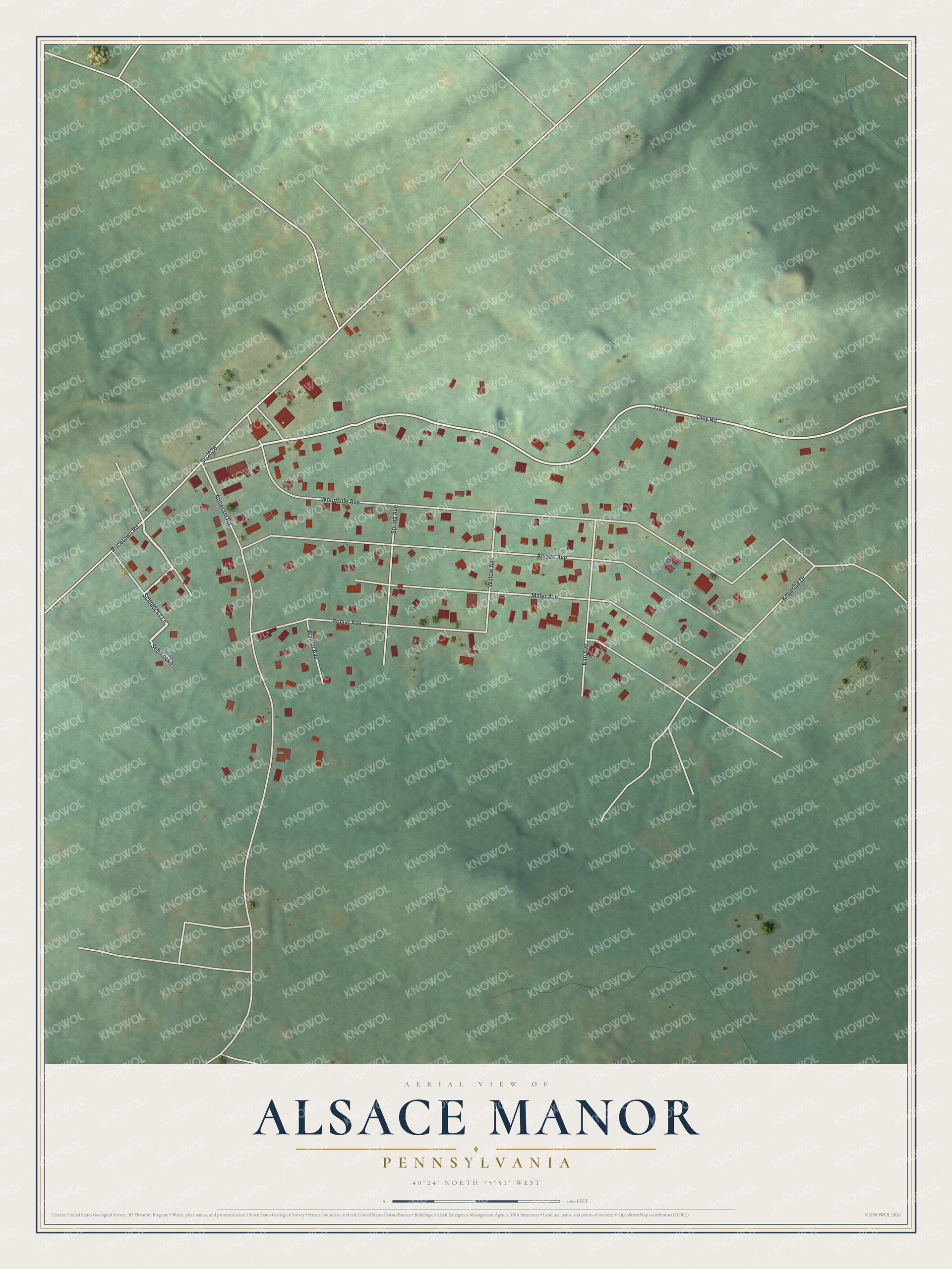 Full map of Alsace Manor, Pennsylvania, with red buildings, printed street names and the land around them