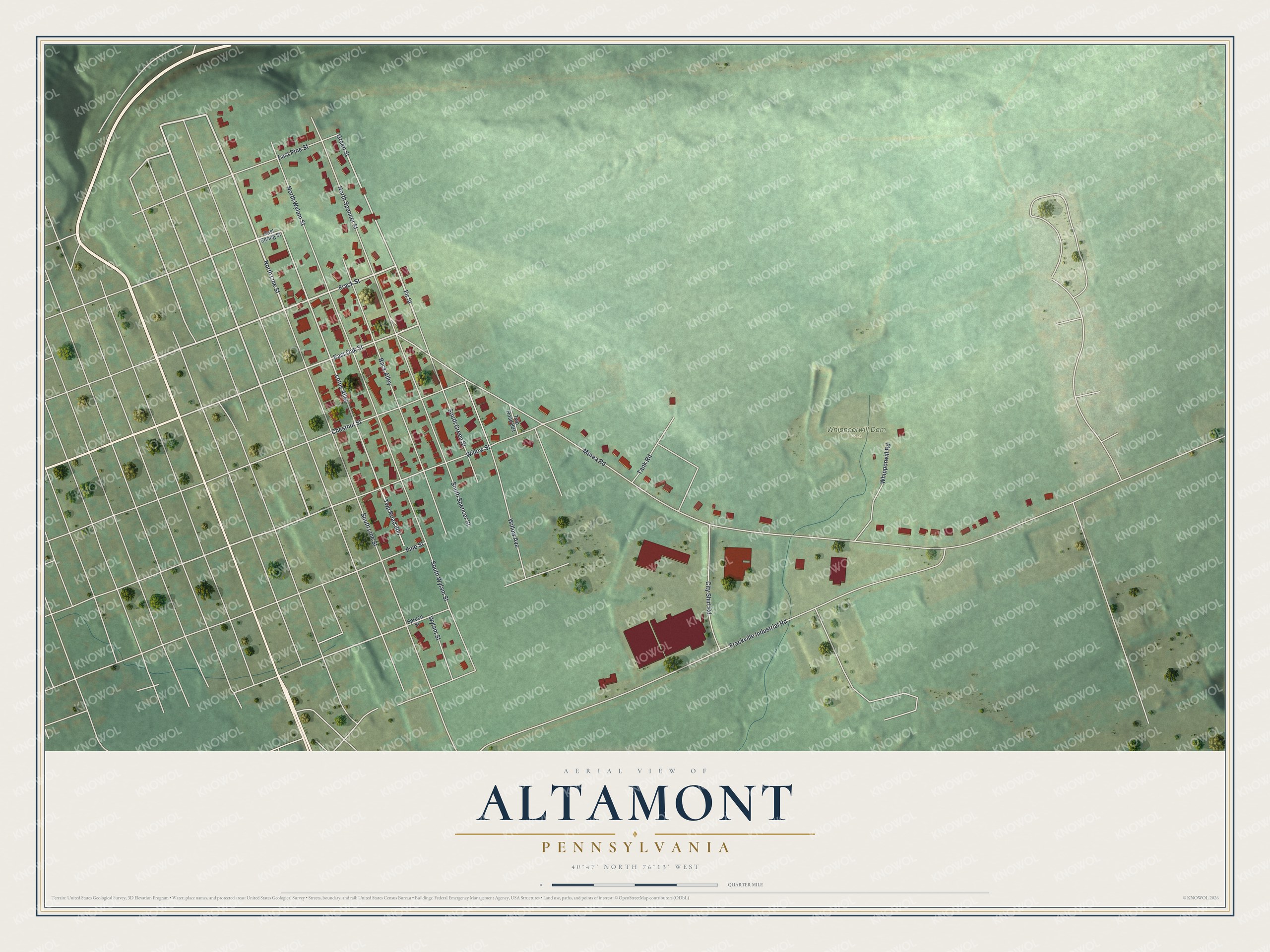 Full map of Altamont, Pennsylvania, with red buildings, printed street names and the land around them