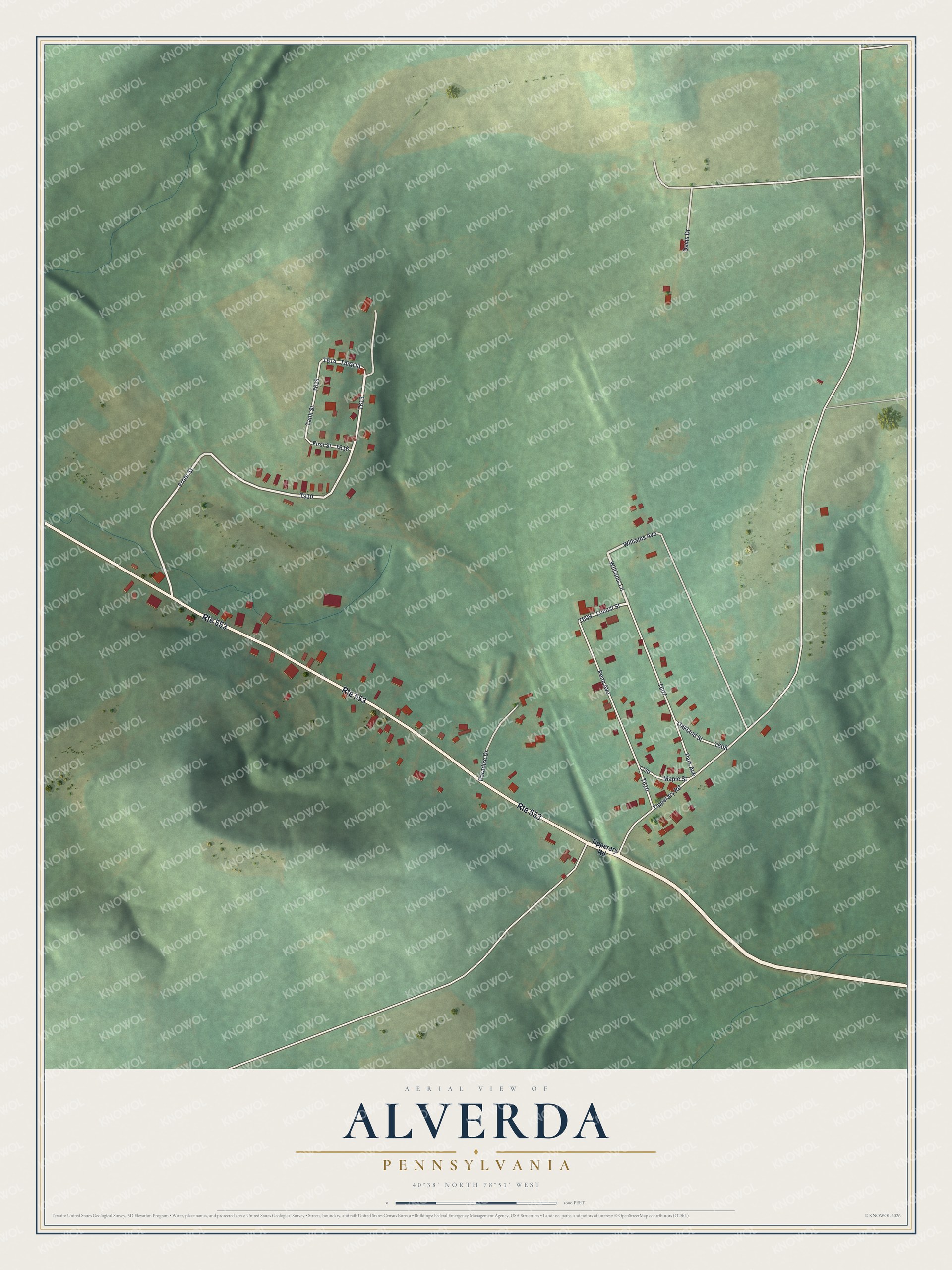 Full map of Alverda, Pennsylvania, with red buildings, printed street names and the land around them
