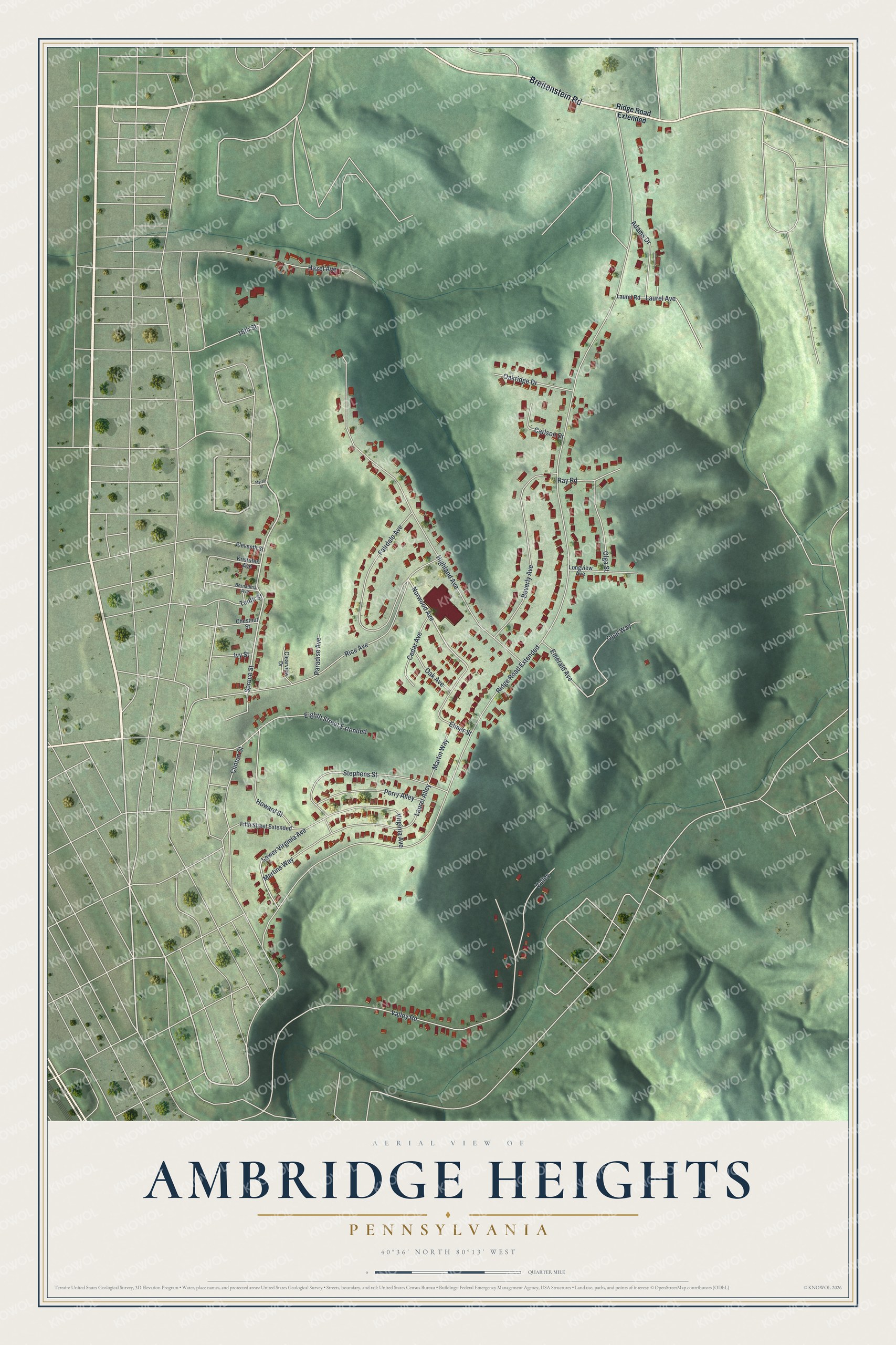 Full map of Ambridge Heights, Pennsylvania, with red buildings, printed street names and the land around them