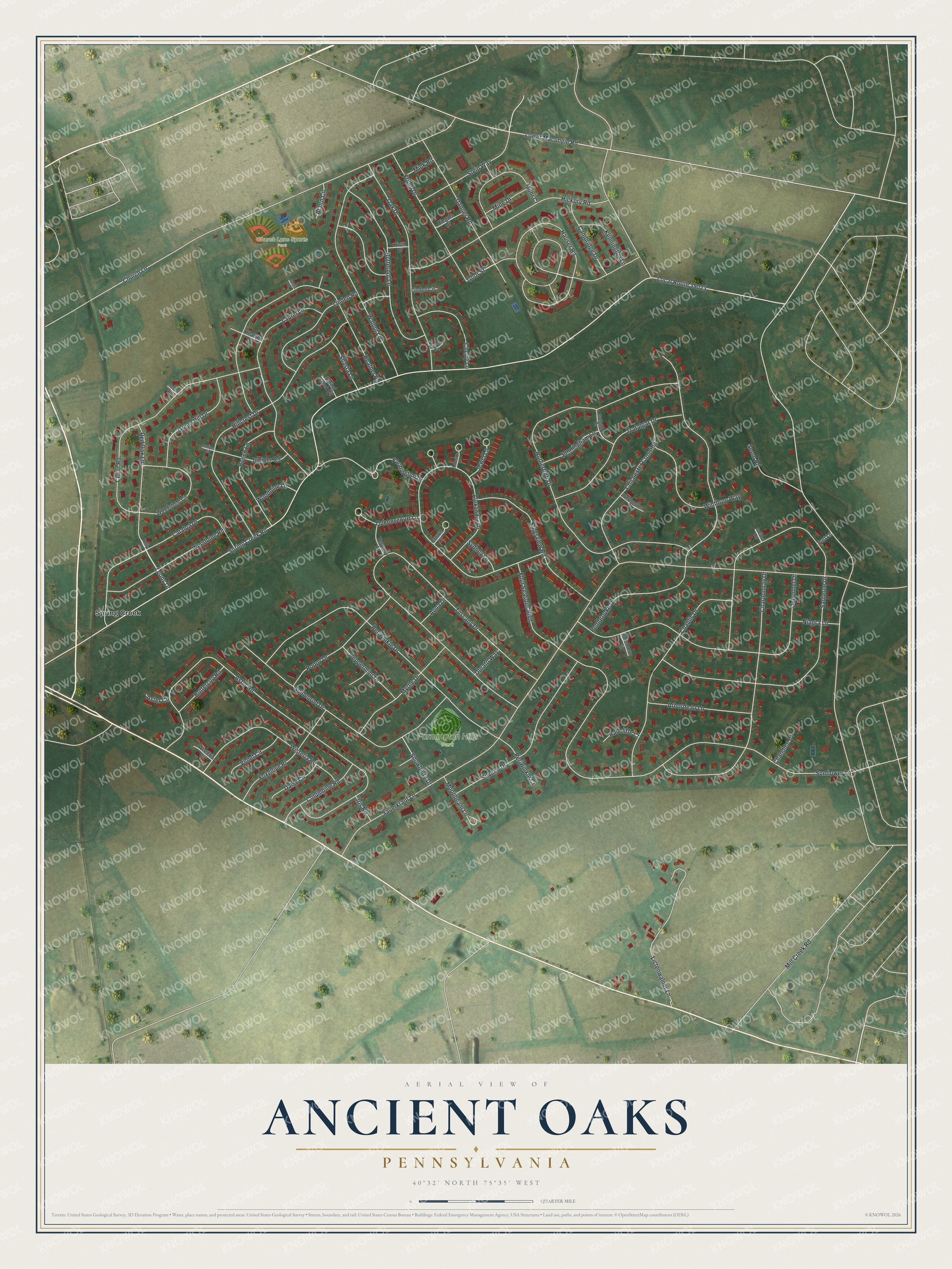 Full map of Ancient Oaks, Pennsylvania, with red buildings, printed street names and the land around them