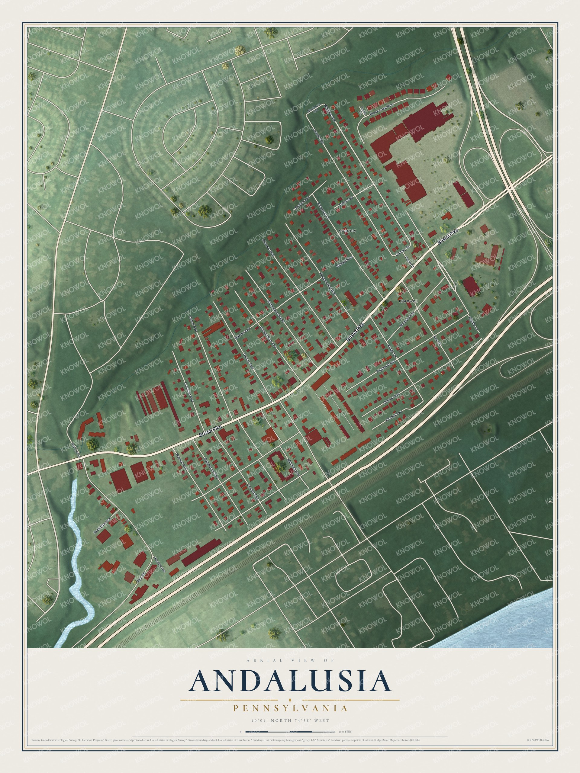 Full map of Andalusia, Pennsylvania, with red buildings, printed street names and the land around them