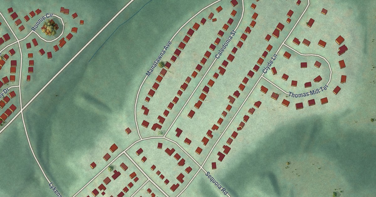 Close-up of streets and buildings in Andorra, Pennsylvania