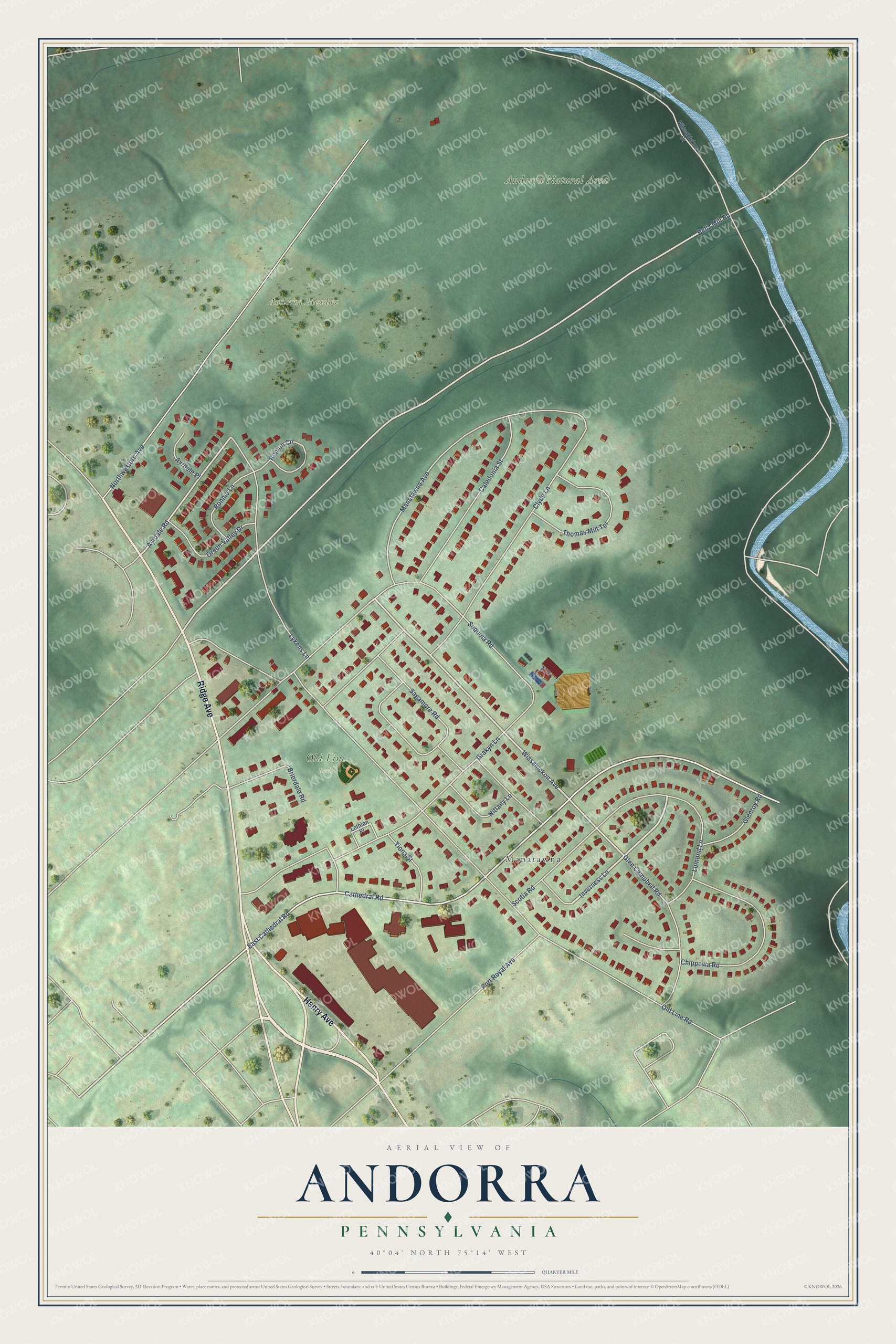 Full map of Andorra, Pennsylvania, with red buildings, printed street names and the land around them
