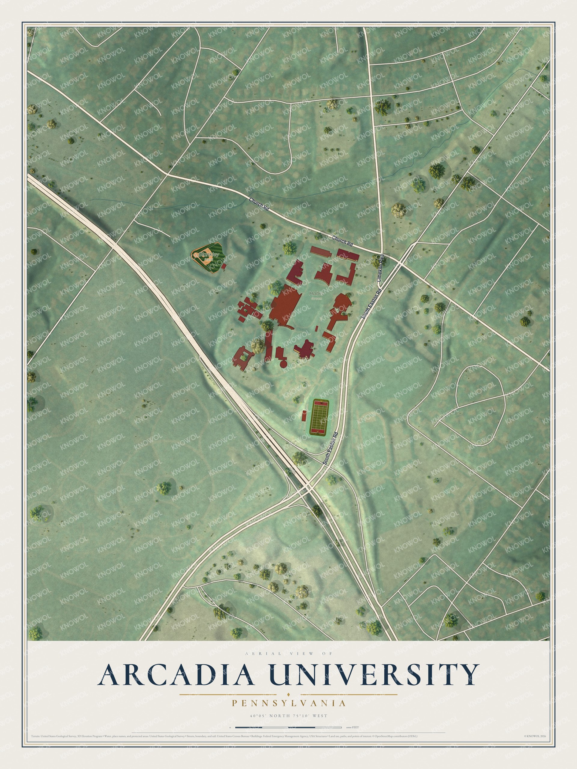 Full map of Arcadia University, Pennsylvania, with red buildings, printed street names and the land around them