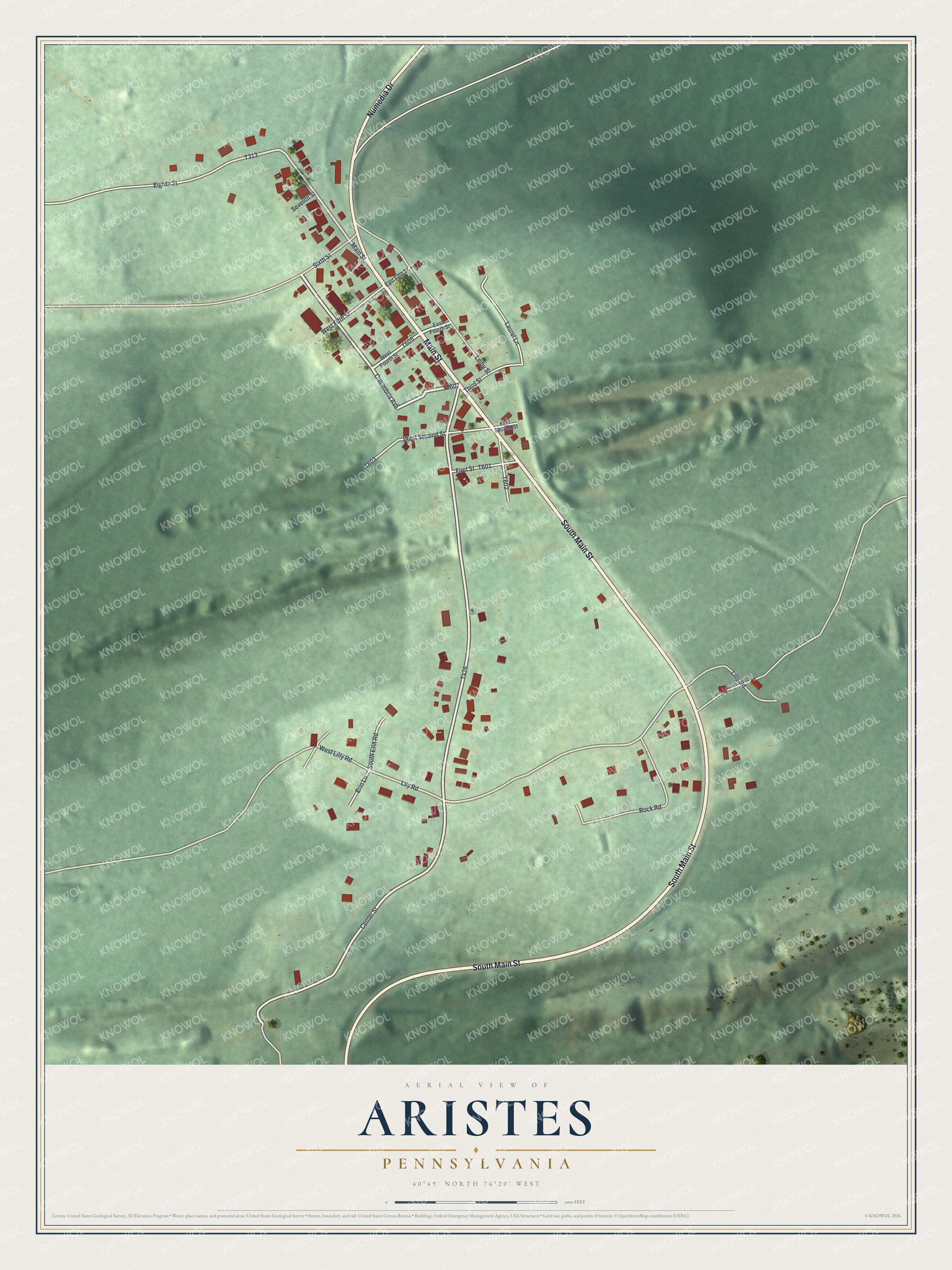 Full map of Aristes, Pennsylvania, with red buildings, printed street names and the land around them