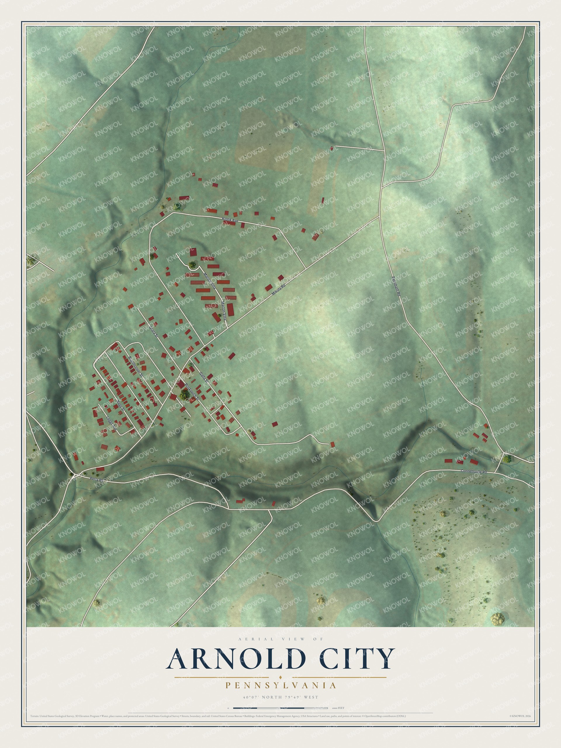 Full map of Arnold City, Pennsylvania, with red buildings, printed street names and the land around them