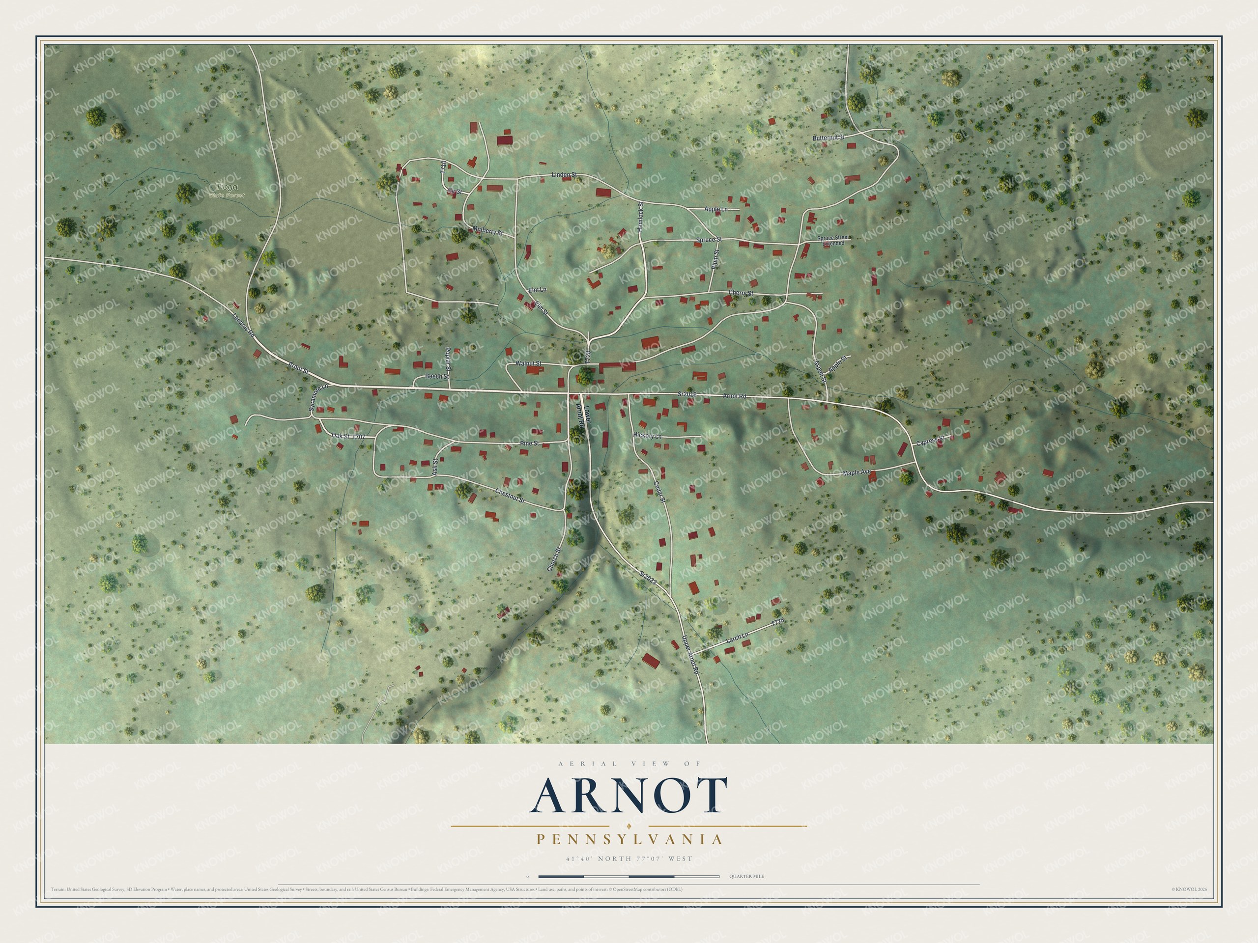 Full map of Arnot, Pennsylvania, with red buildings, printed street names and the land around them