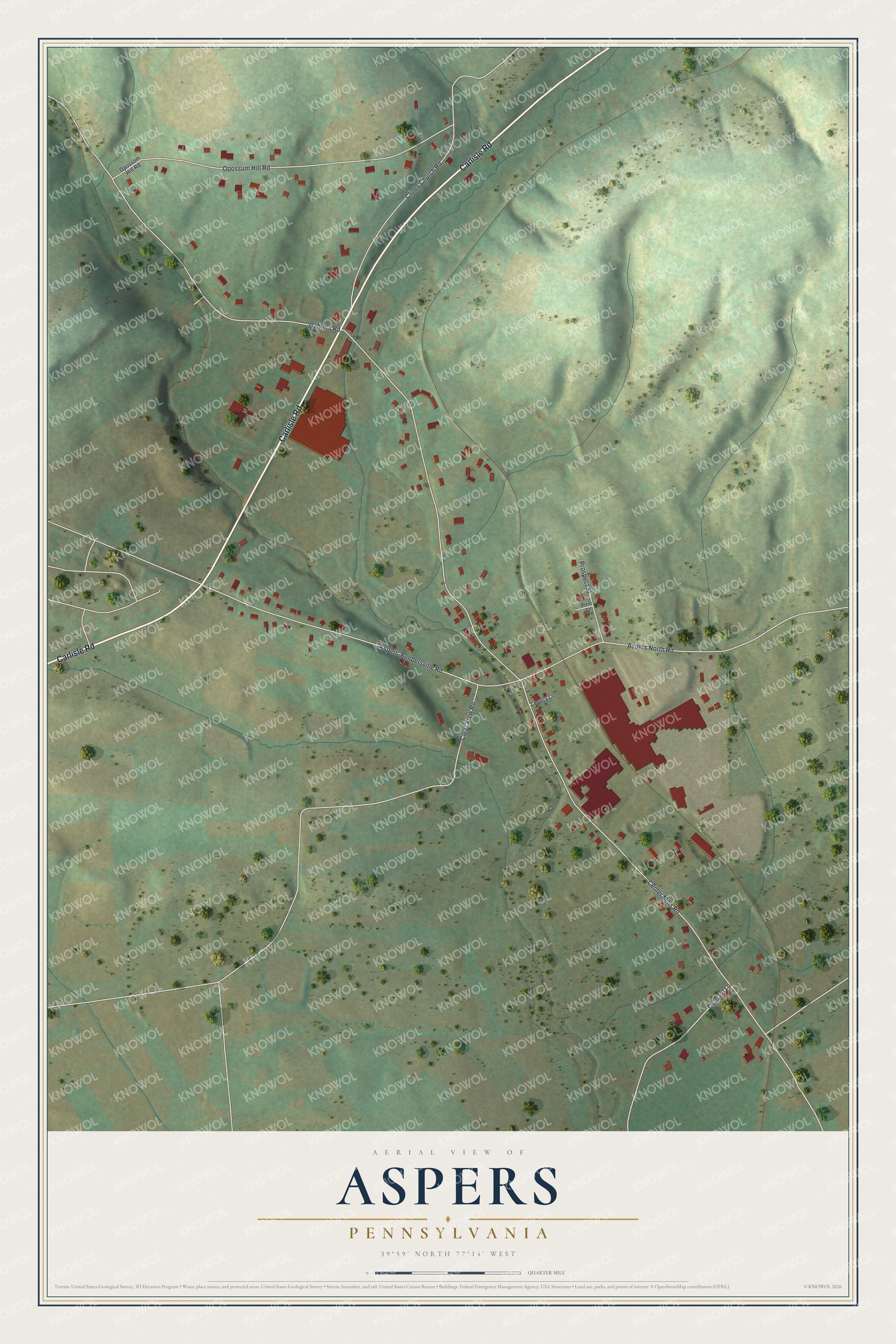 Full map of Aspers, Pennsylvania, with red buildings, printed street names and the land around them