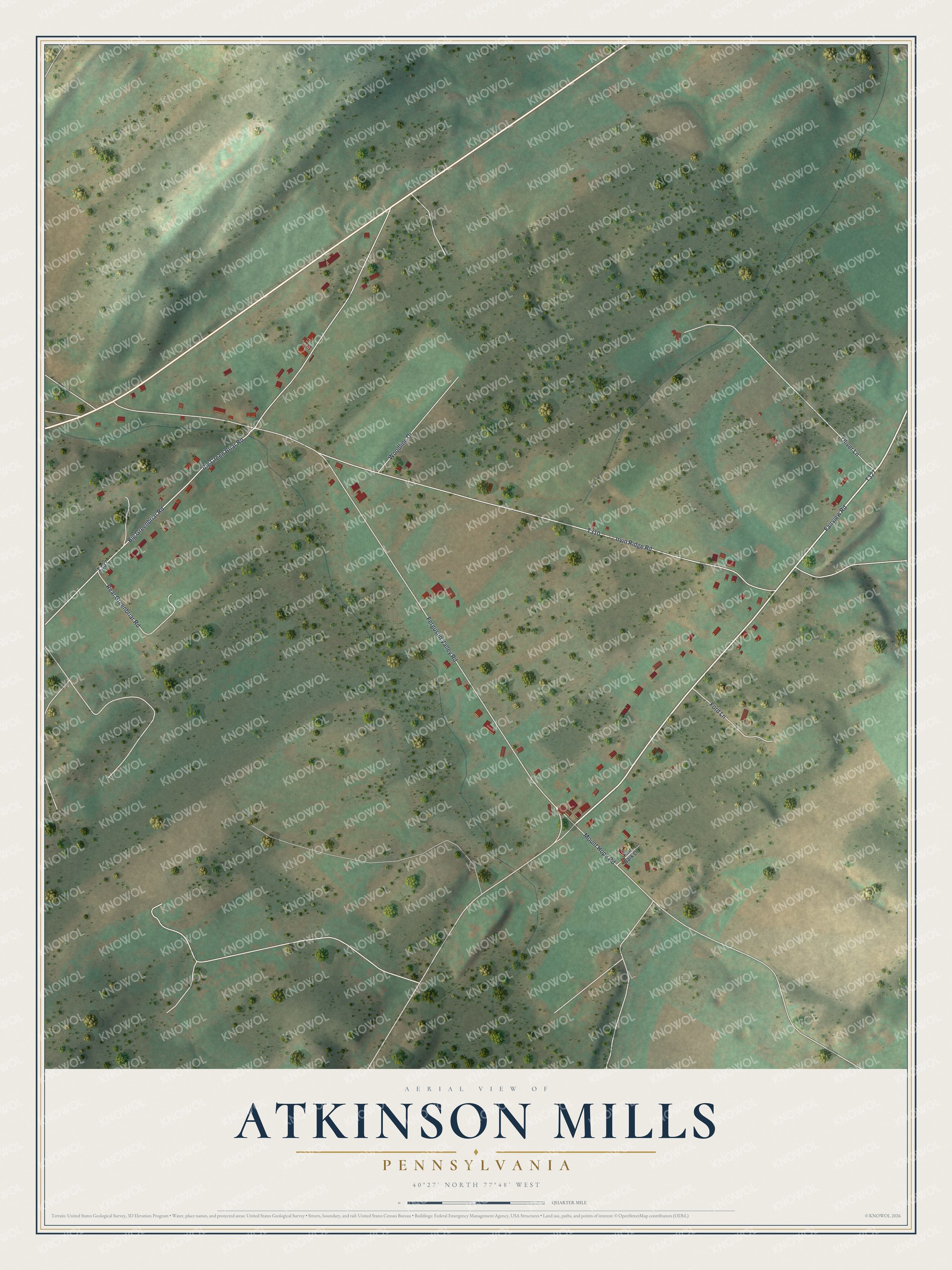 Full map of Atkinson Mills, Pennsylvania, with red buildings, printed street names and the land around them