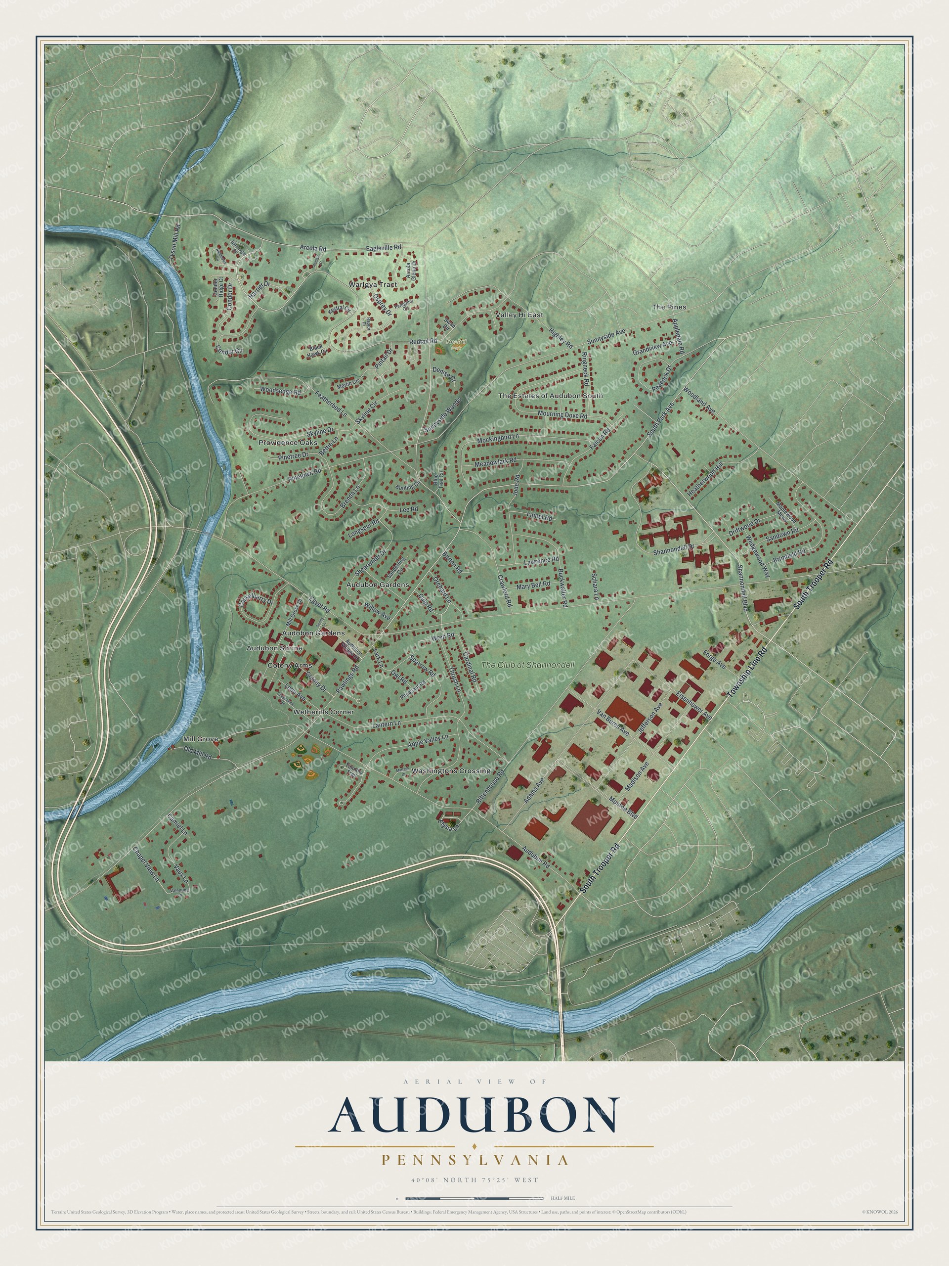 Full map of Audubon, Pennsylvania, with red buildings, printed street names and the land around them