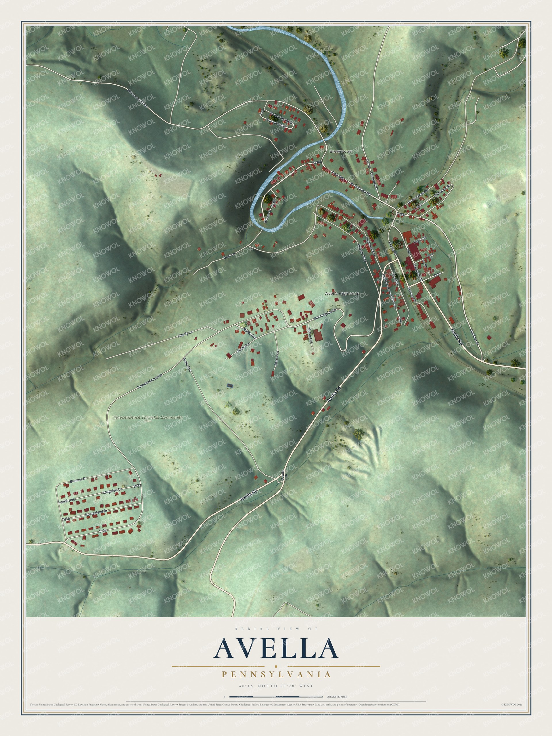 Full map of Avella, Pennsylvania, with red buildings, printed street names and the land around them