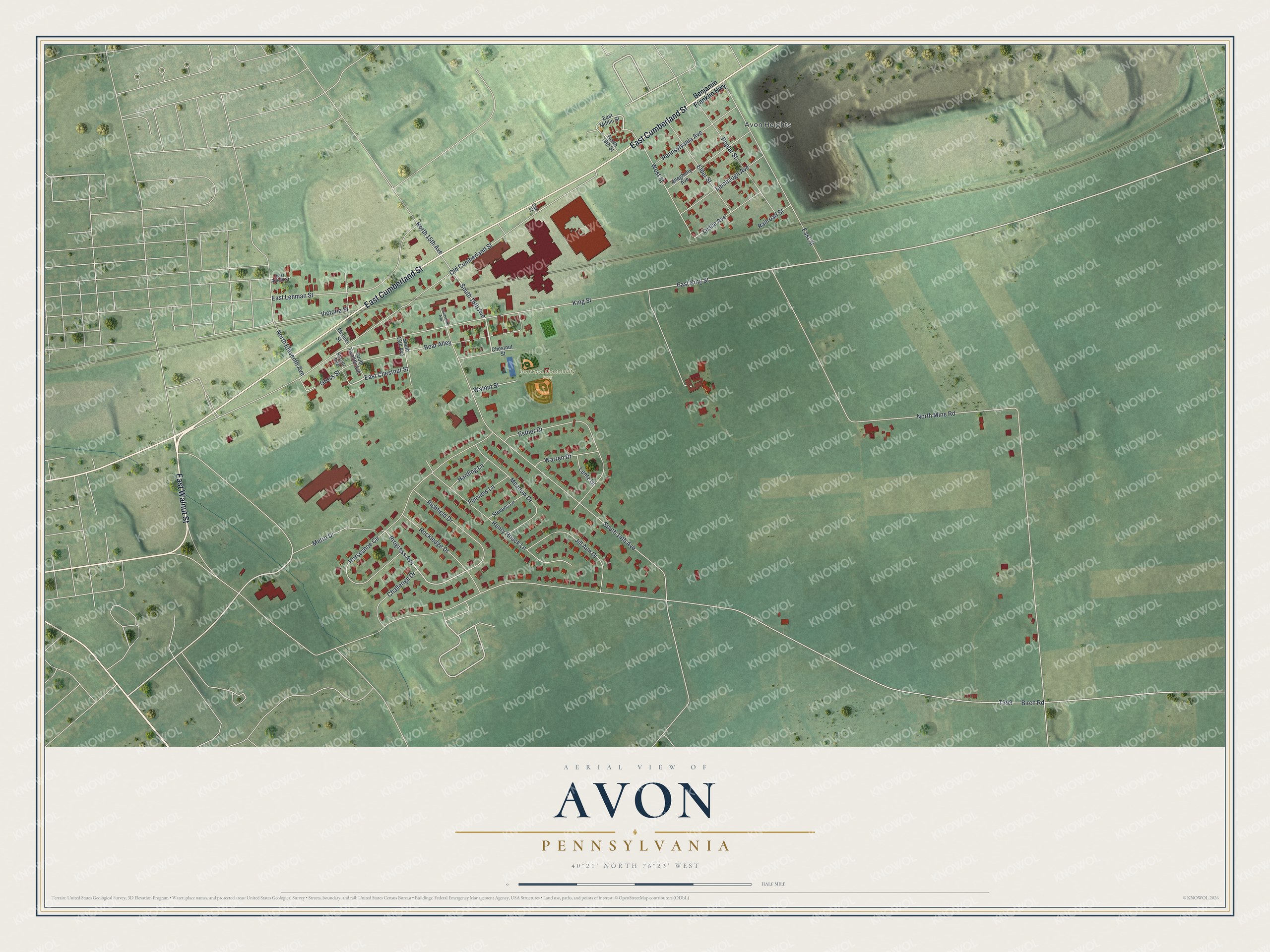 Full map of Avon, Pennsylvania, with red buildings, printed street names and the land around them