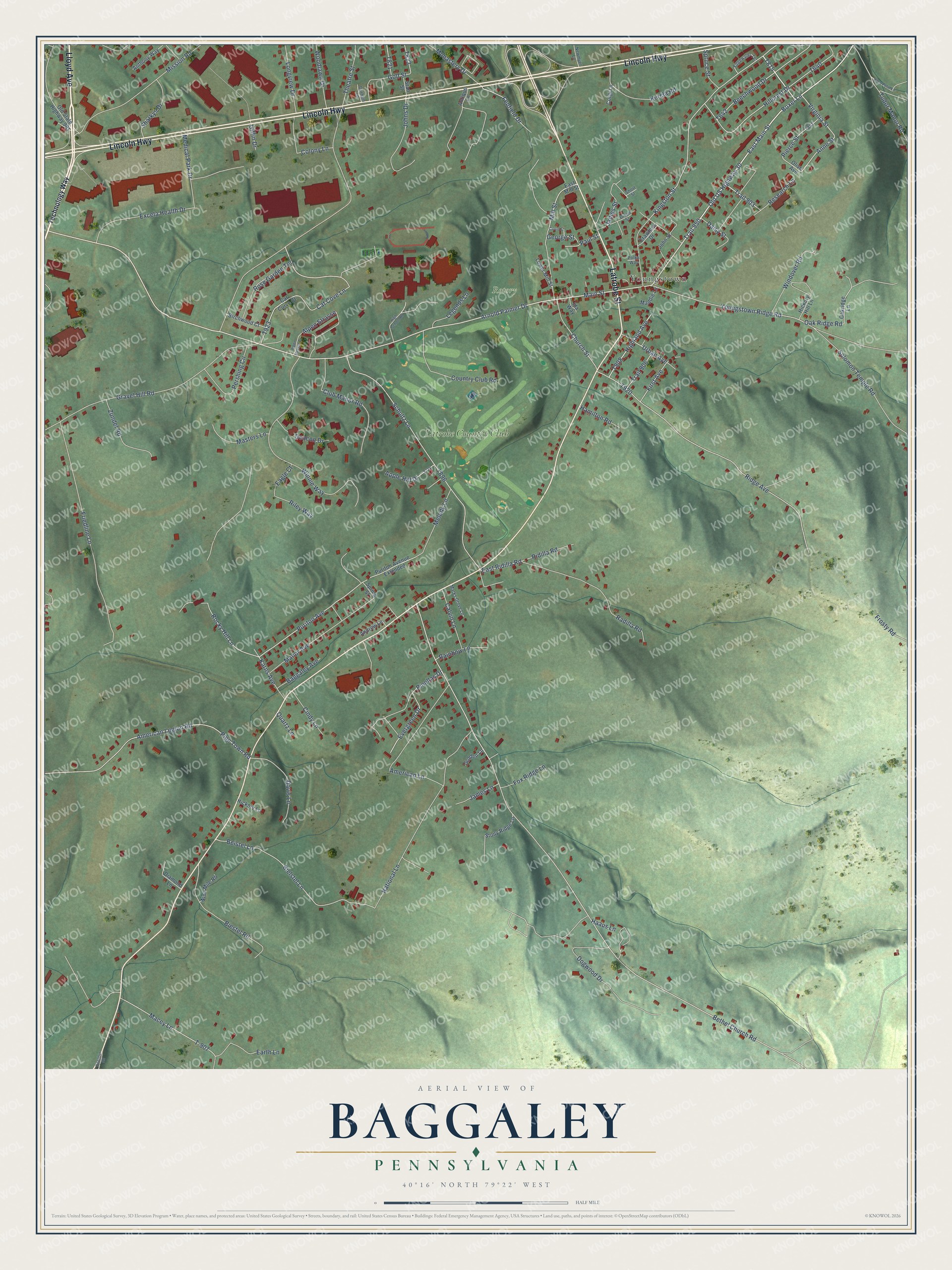 Full map of Baggaley, Pennsylvania, with red buildings, printed street names and the land around them