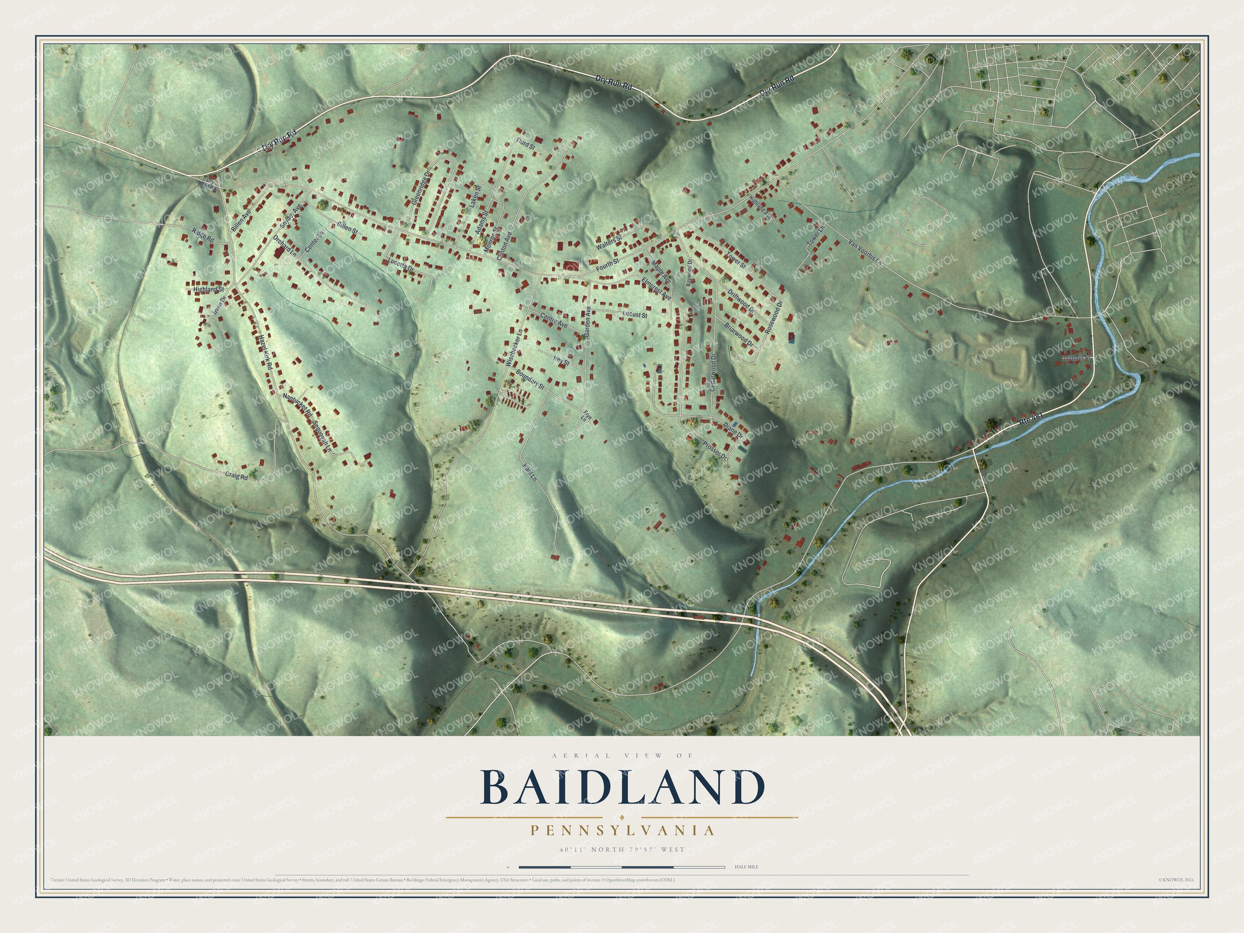 Full map of Baidland, Pennsylvania, with red buildings, printed street names and the land around them