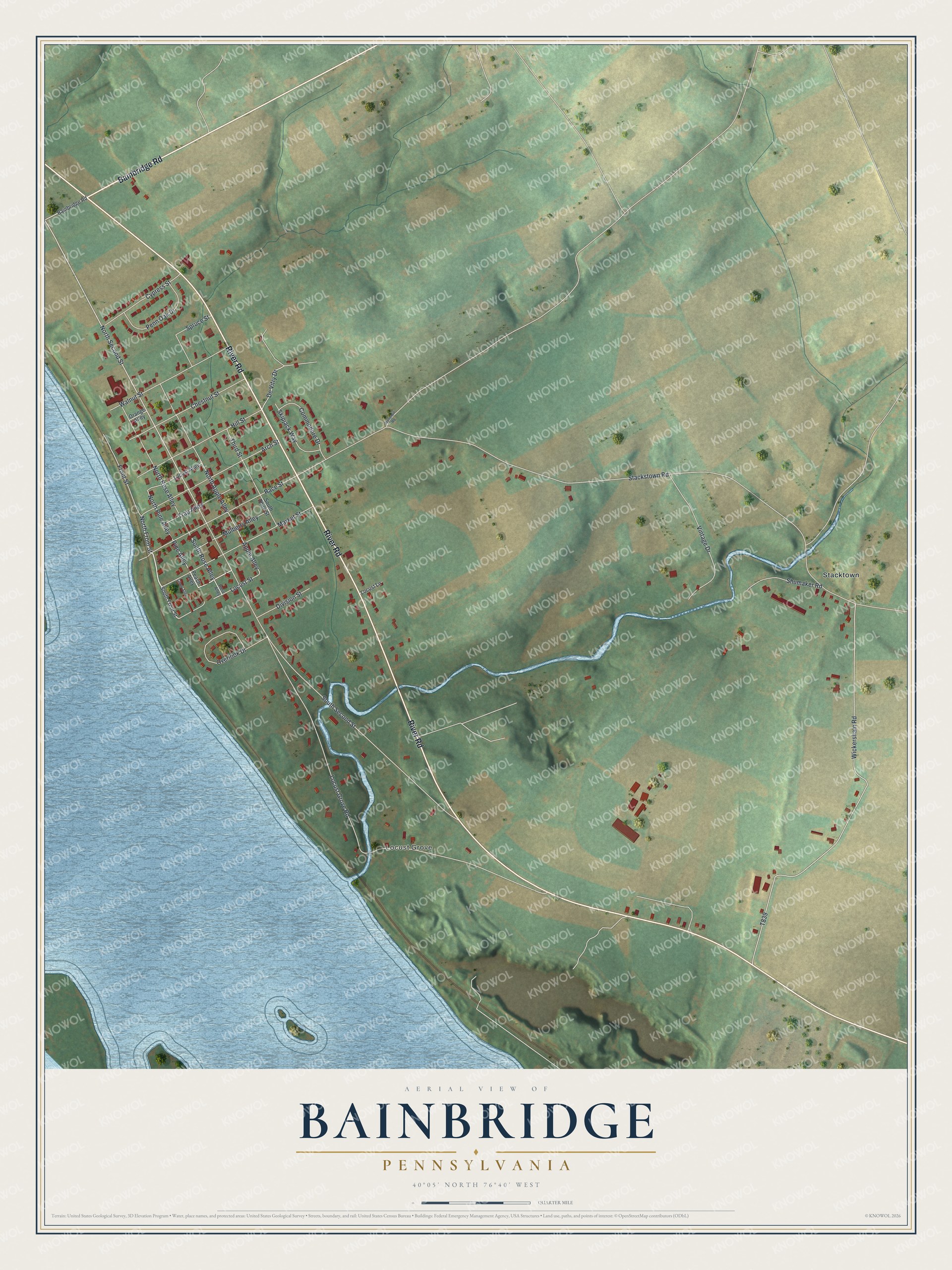 Full map of Bainbridge, Pennsylvania, with red buildings, printed street names and the land around them
