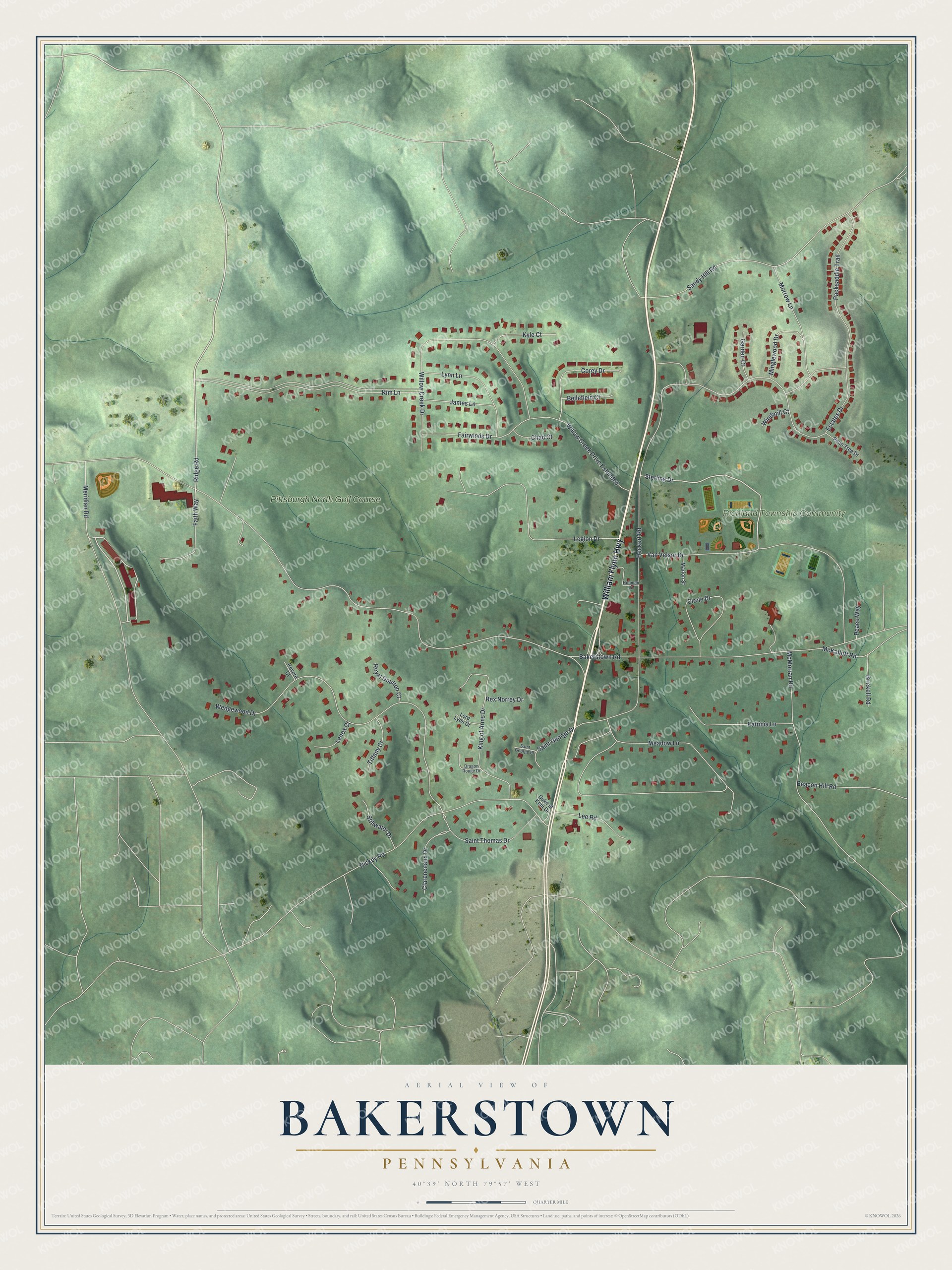 Full map of Bakerstown, Pennsylvania, with red buildings, printed street names and the land around them