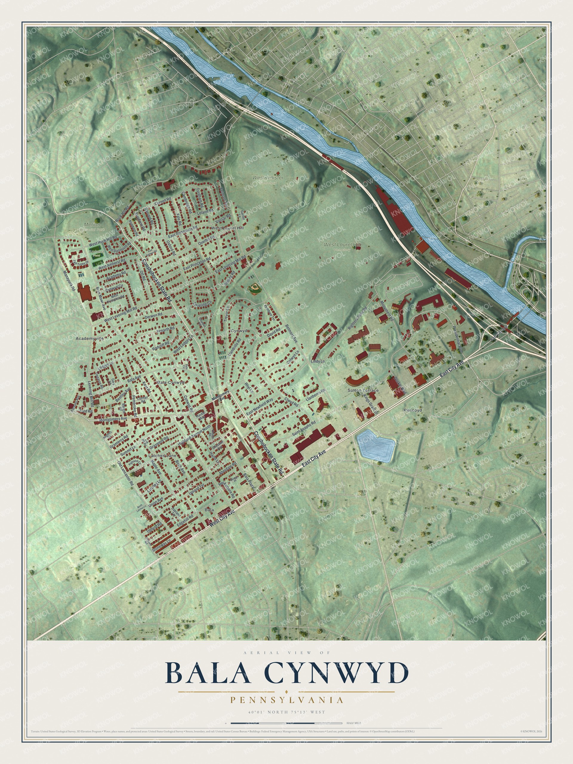 Full map of Bala Cynwyd, Pennsylvania, with red buildings, printed street names and the land around them