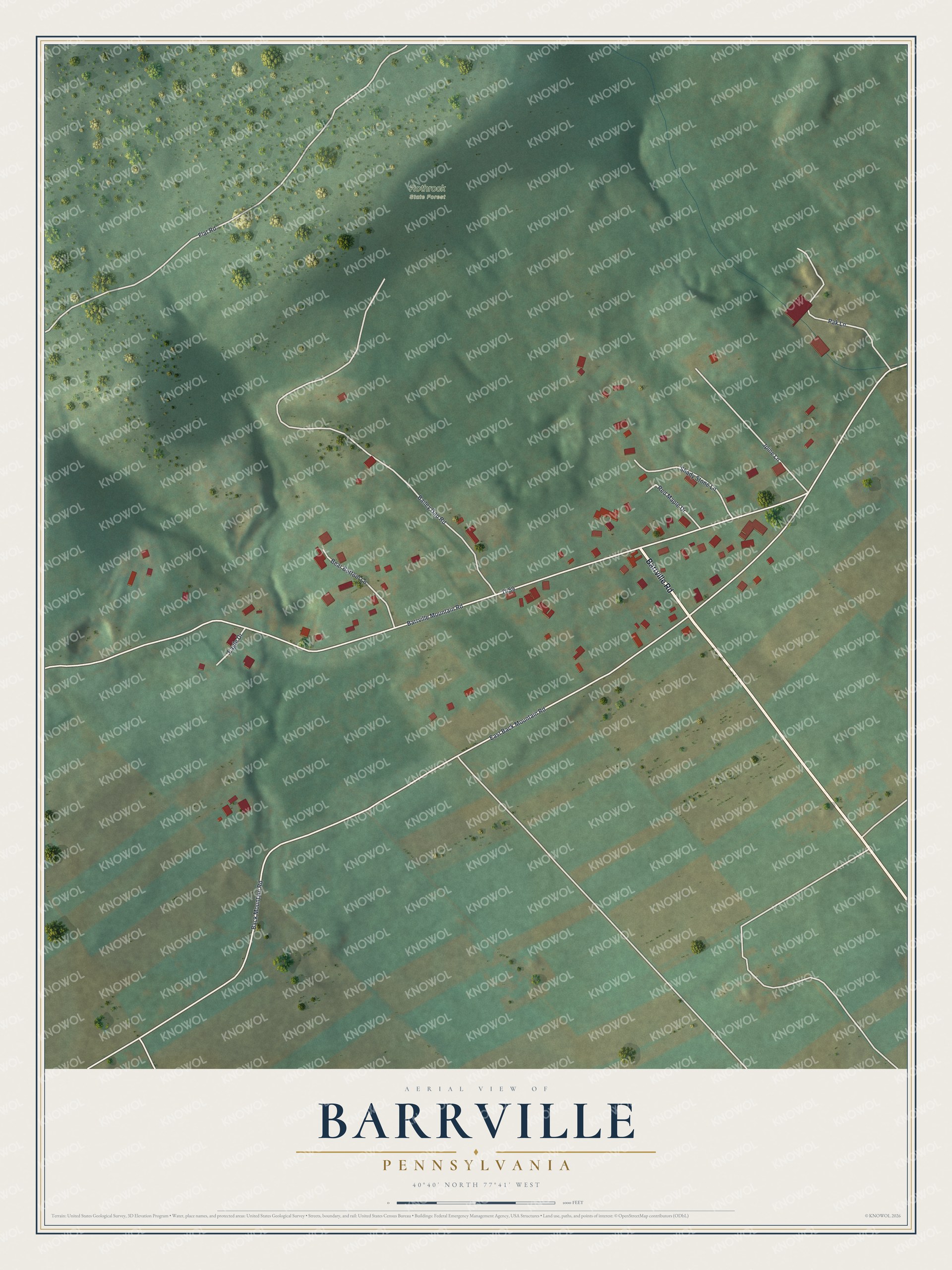 Full map of Barrville, Pennsylvania, with red buildings, printed street names and the land around them