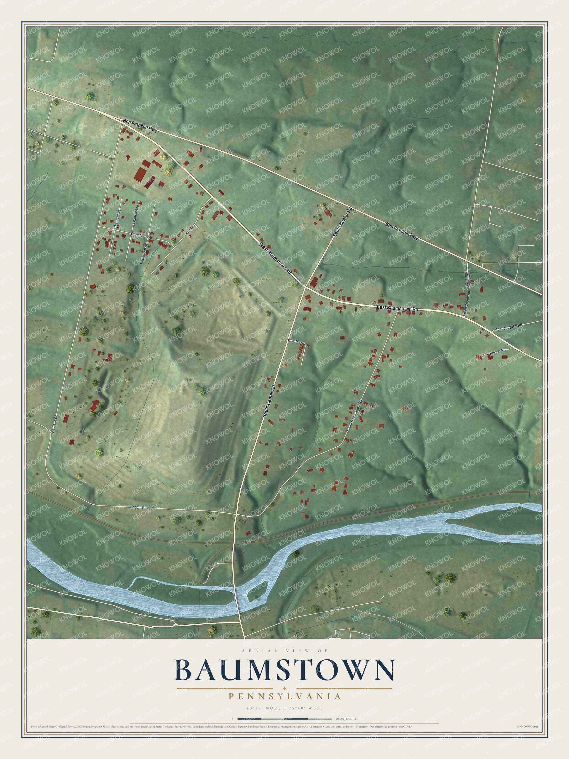 Full map of Baumstown, Pennsylvania, with red buildings, printed street names and the land around them