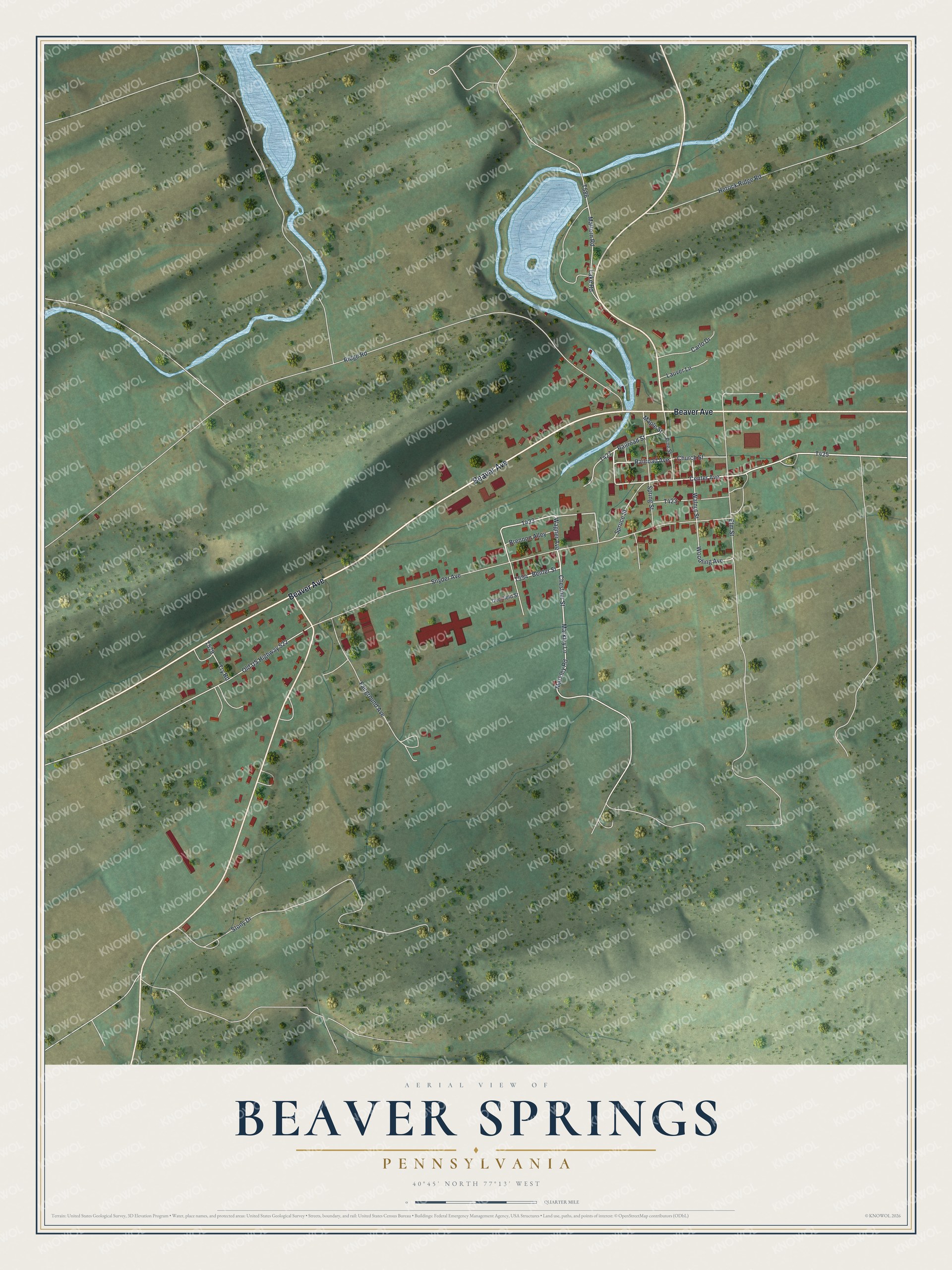 Full map of Beaver Springs, Pennsylvania, with red buildings, printed street names and the land around them