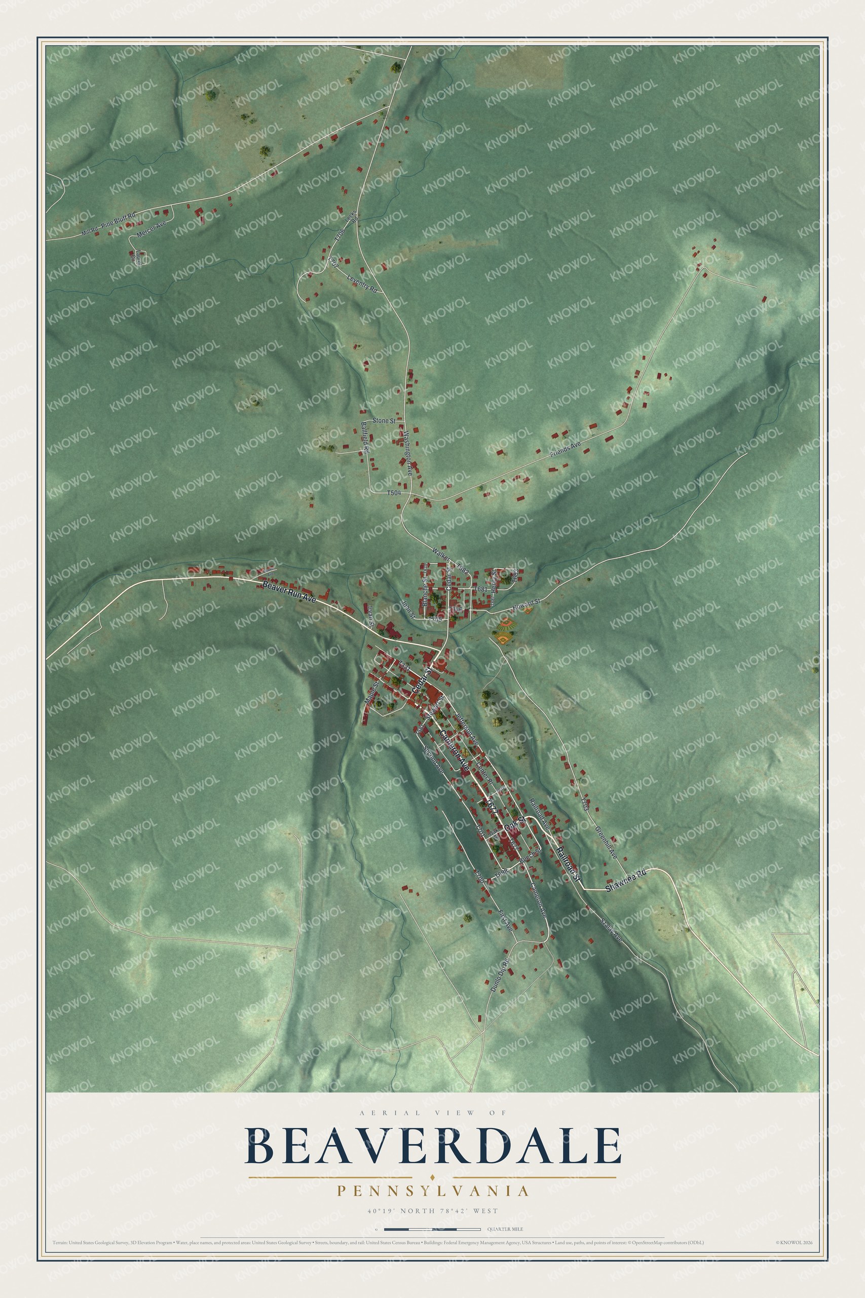 Full map of Beaverdale, Pennsylvania, with red buildings, printed street names and the land around them