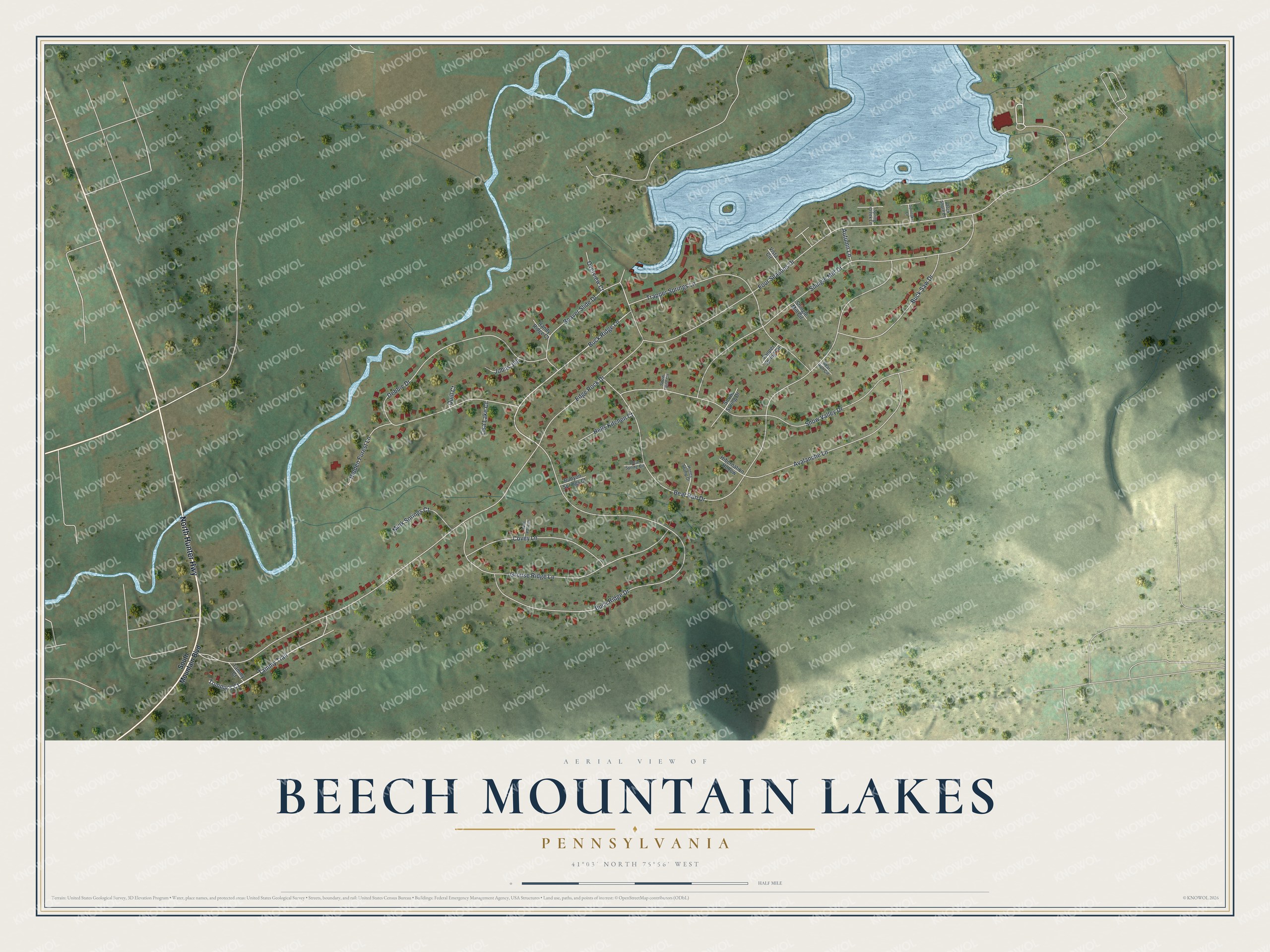 Full map of Beech Mountain Lakes, Pennsylvania, with red buildings, printed street names and the land around them