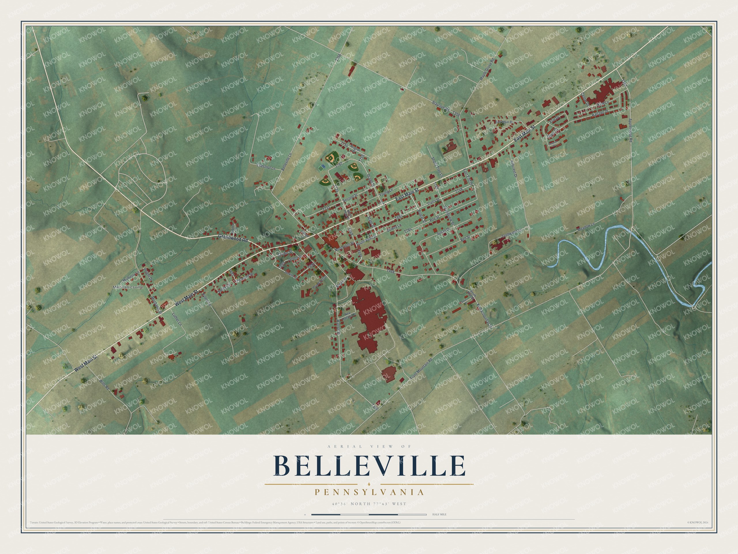 Full map of Belleville, Pennsylvania, with red buildings, printed street names and the land around them