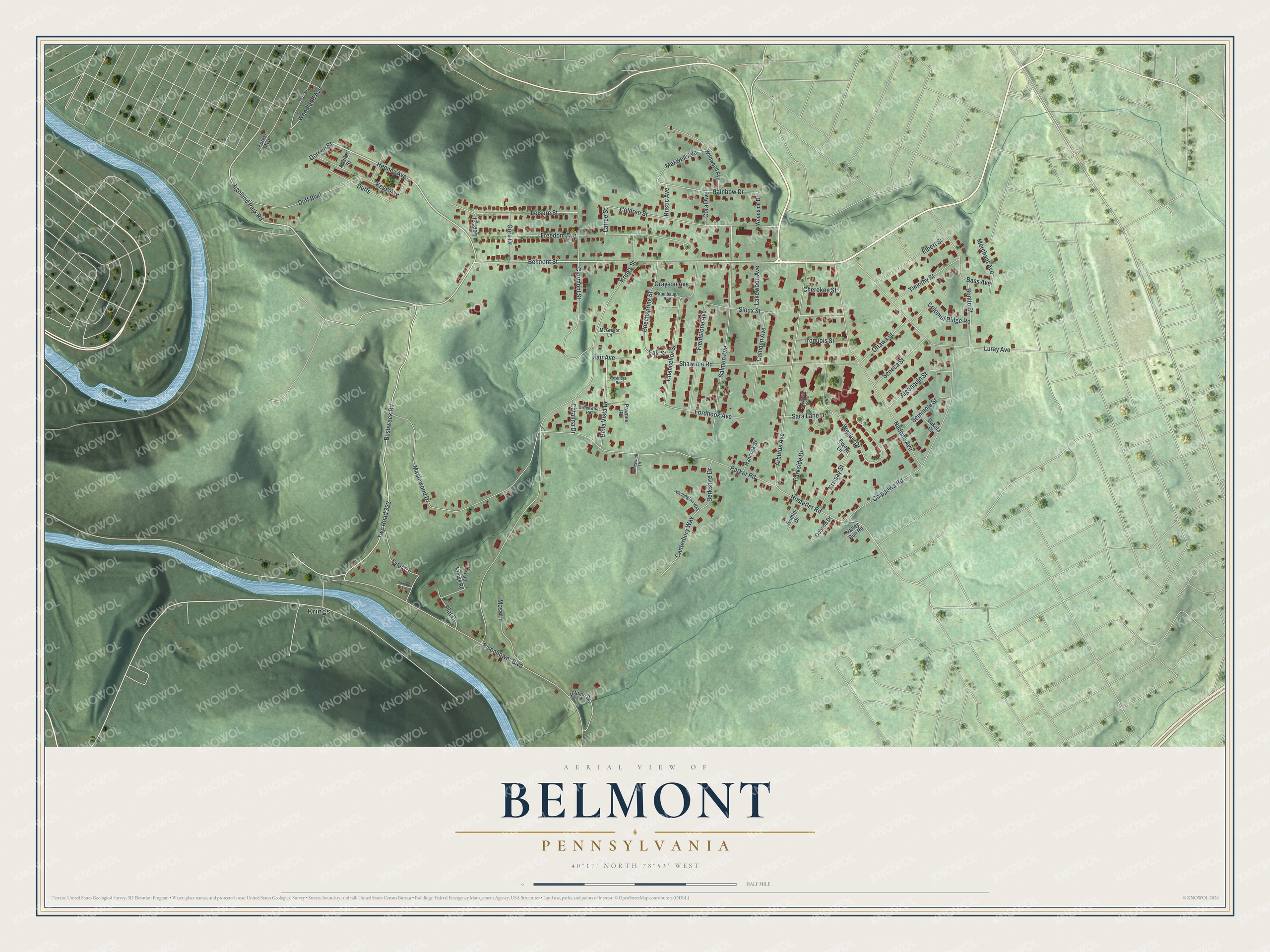 Full map of Belmont, Pennsylvania, with red buildings, printed street names and the land around them