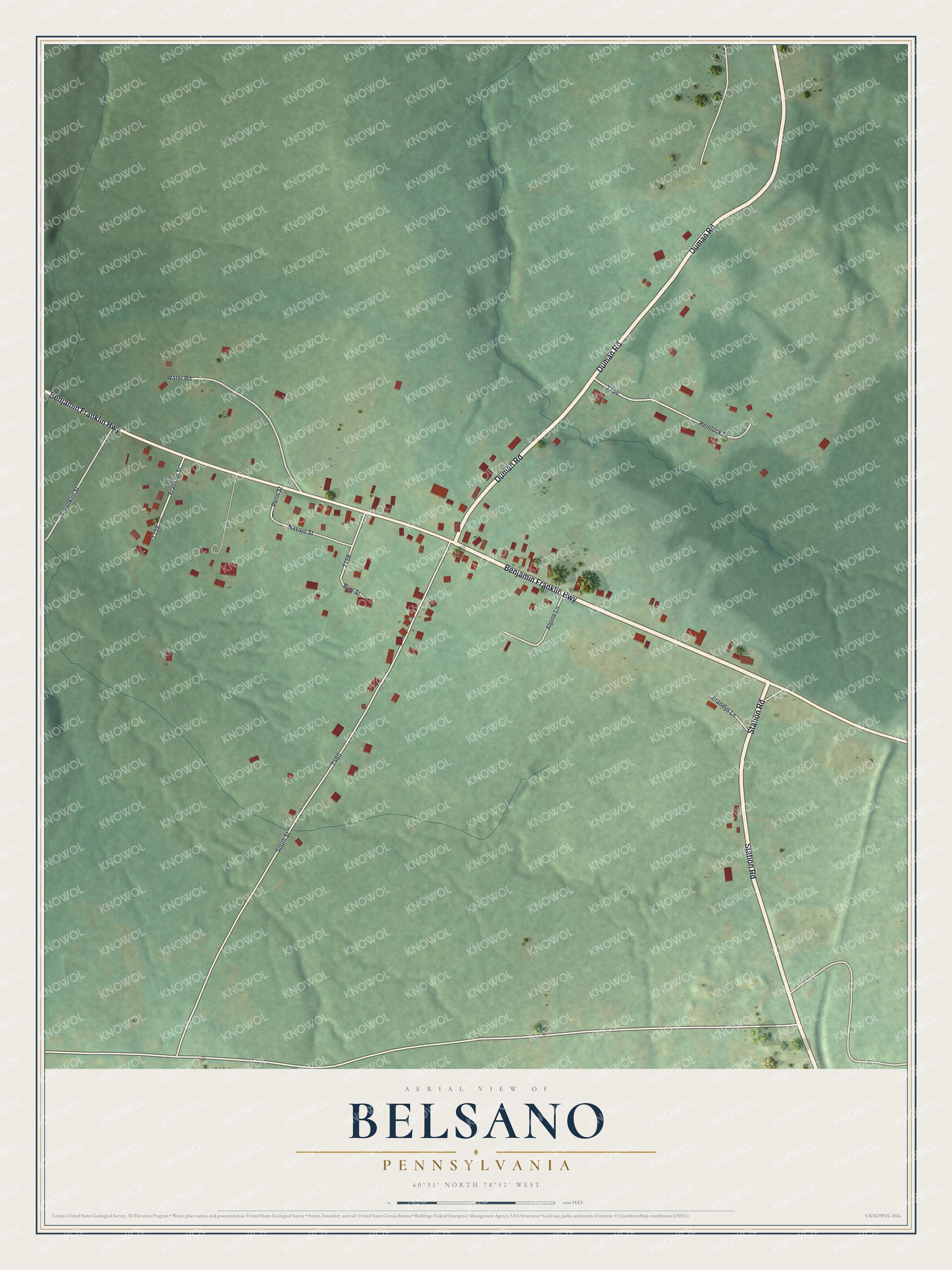 Full map of Belsano, Pennsylvania, with red buildings, printed street names and the land around them