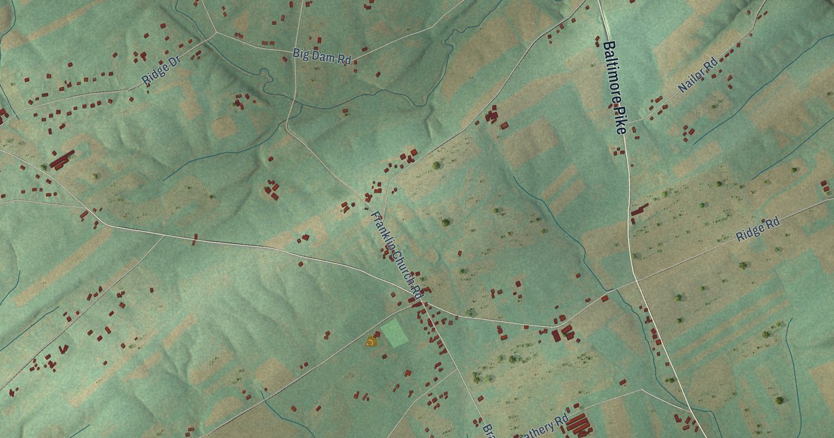 Close-up of streets and buildings in Bermudian, Pennsylvania