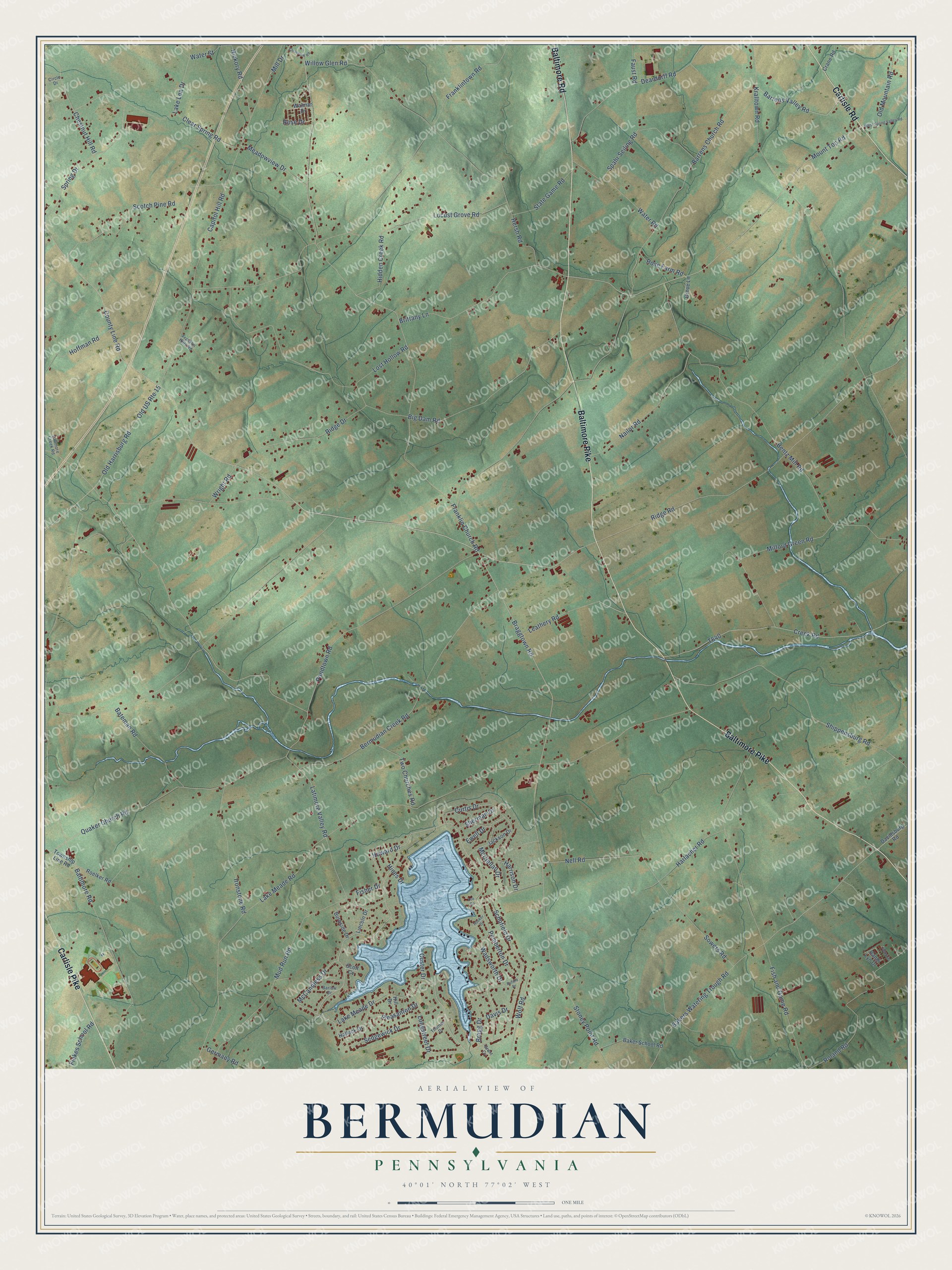 Full map of Bermudian, Pennsylvania, with red buildings, printed street names and the land around them