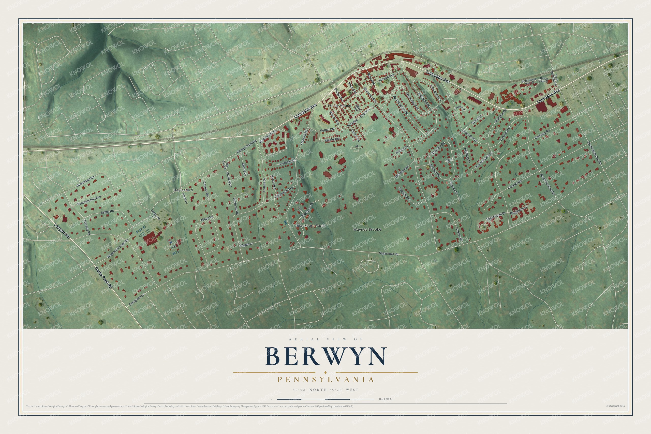 Full map of Berwyn, Pennsylvania, with red buildings, printed street names and the land around them